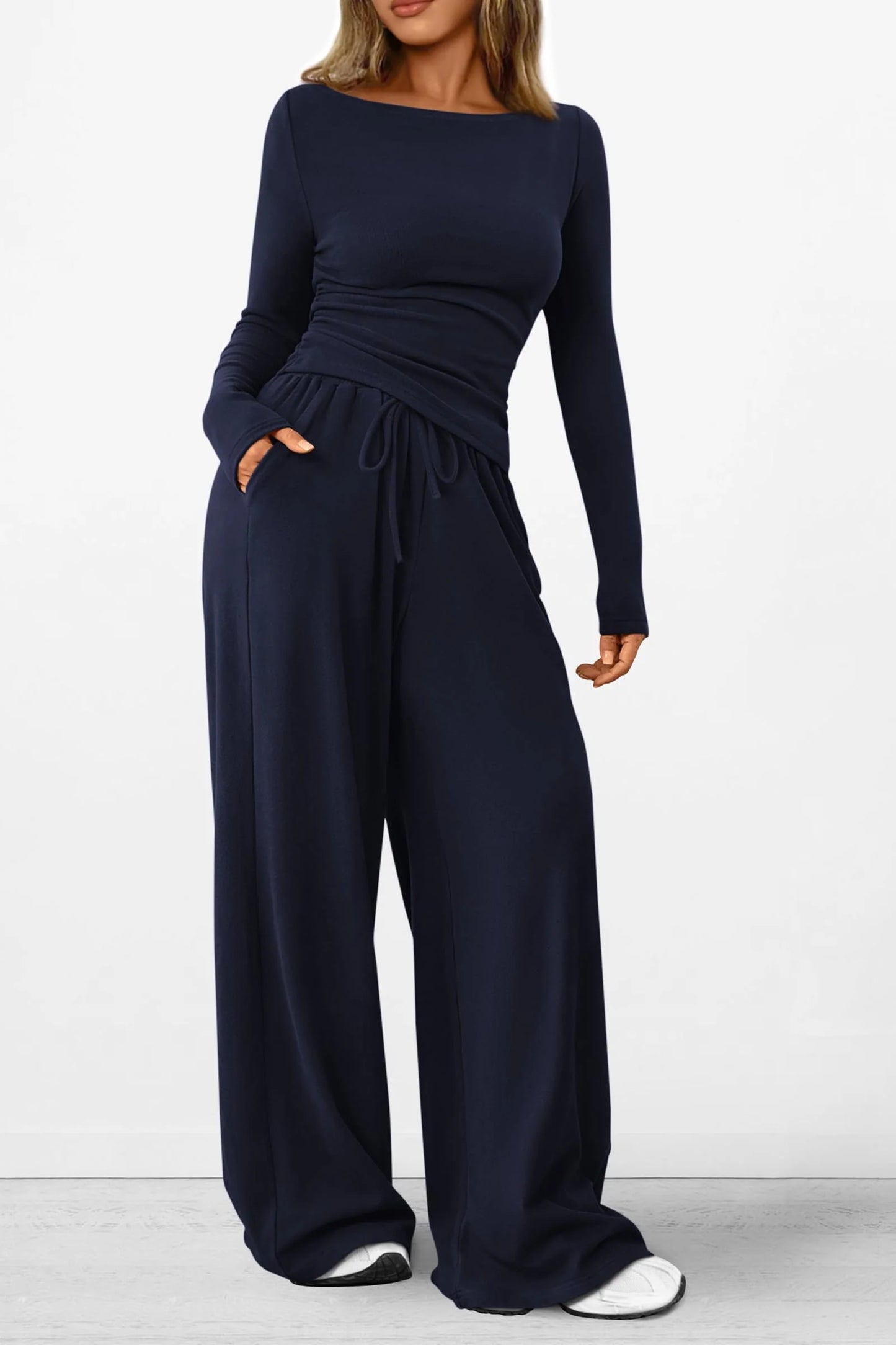 Women's 2 Piece Lounge Sets Asymmetrical Long Sleeve T Shirt Wide Leg Pants Casual Outfits Tracksuit