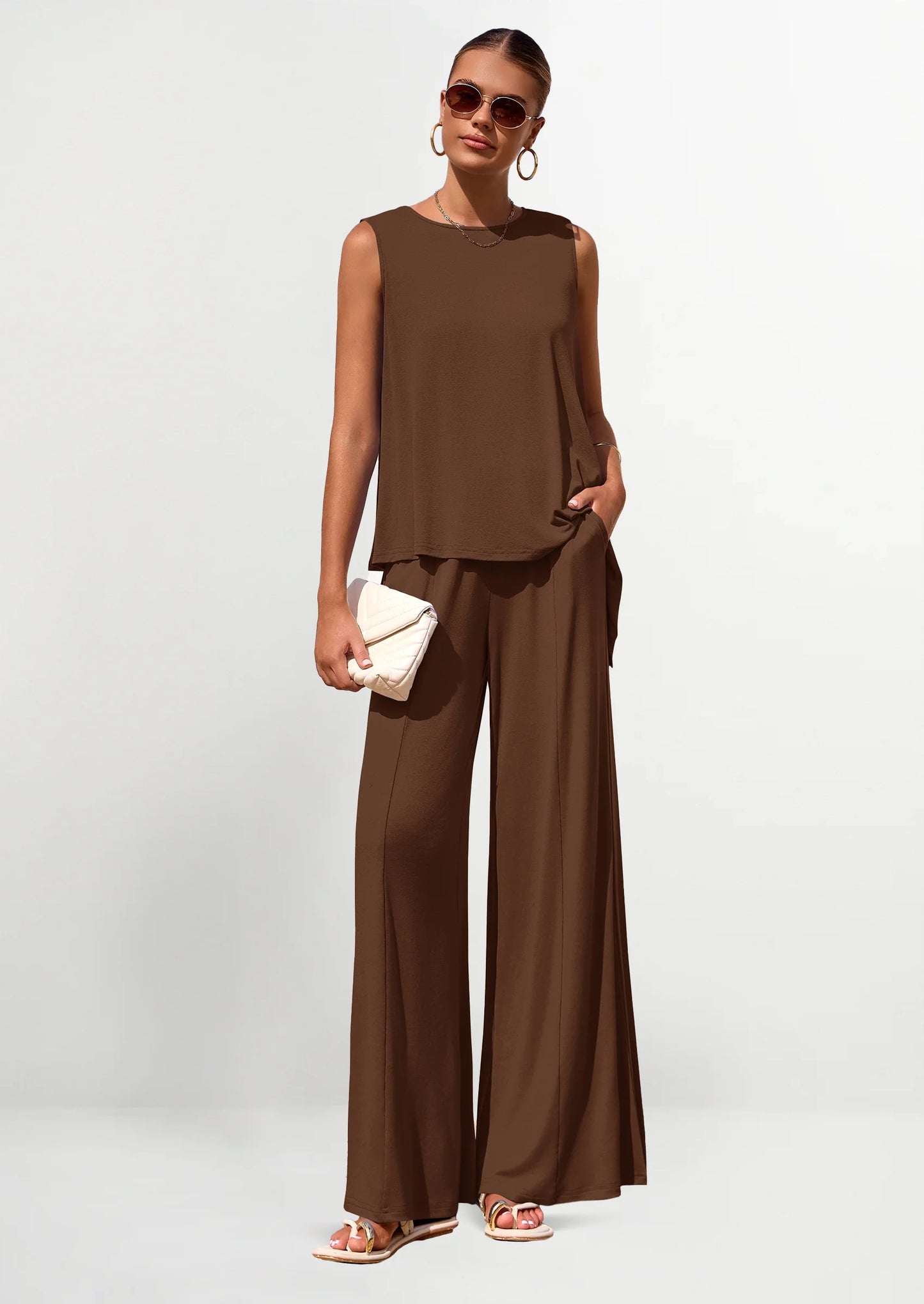 Women's Two Piece Matching Lounge Sets Asymmetrical Split Tank Tops Wide Leg Pants Summer Outfits Tracksuit