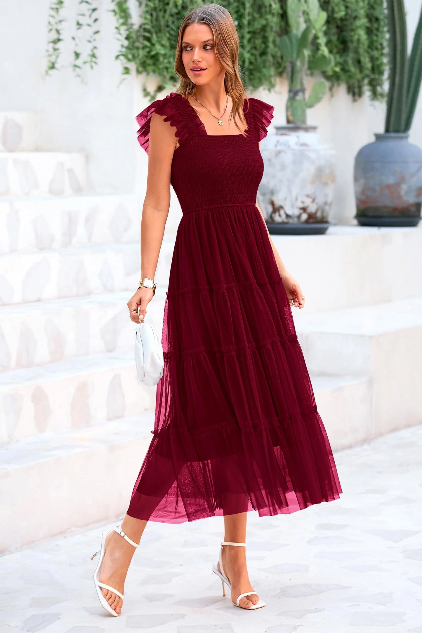 Women's Tulle Midi Dress Sleeveless Smocked Ruffle Mesh Flowy Dresses Party Wedding Guest Sundress