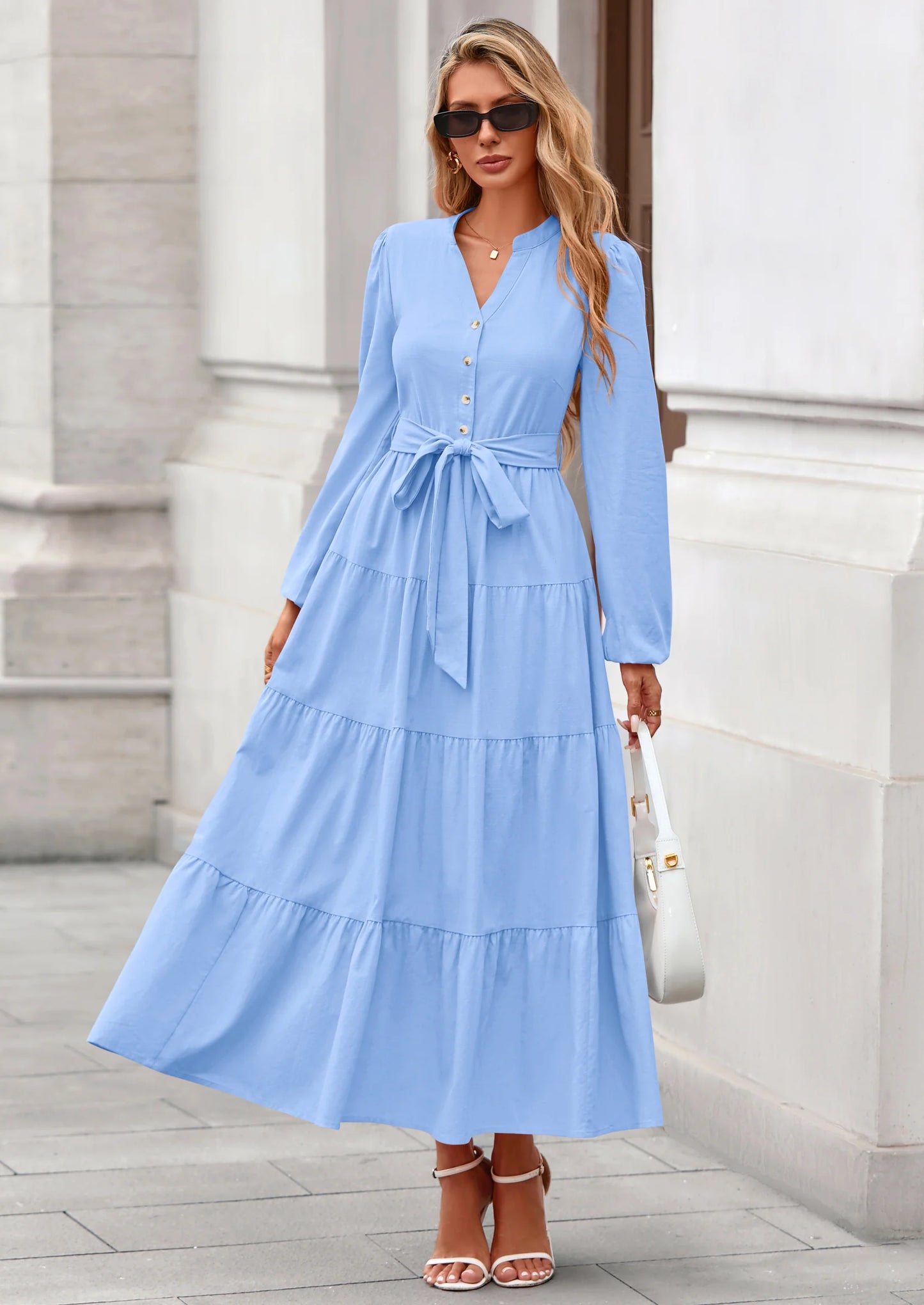 Fall Dresses for Women Long Sleeve V Neck Belted Ruffle A Line Flowy Boho Maxi Wedding Guest Dress Pockets