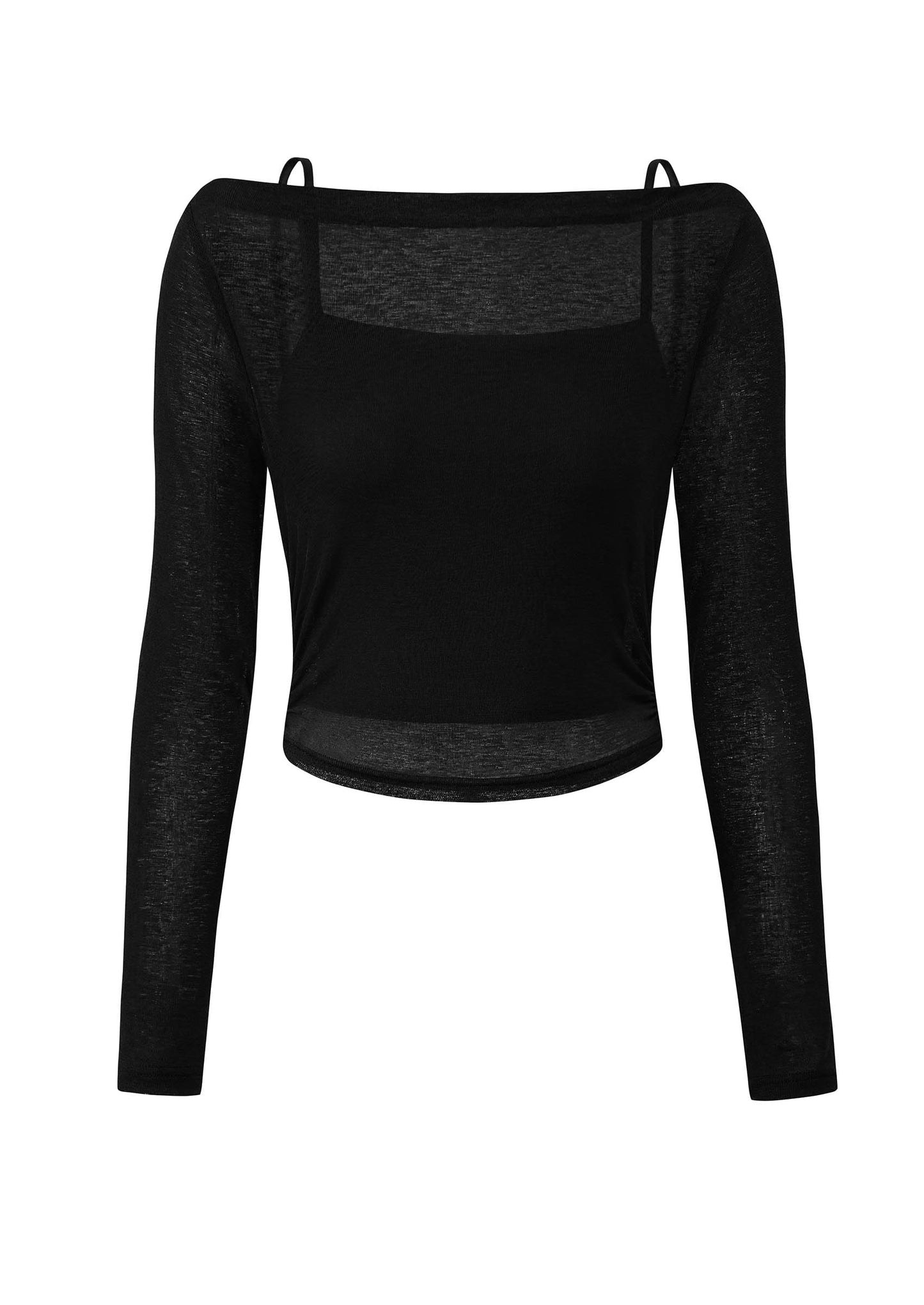 Women's Long Sleeve Sheer Crop Tops Boat Neck See Through Cover Up with Spaghetti Strap Camisole 2 Piece Blouses