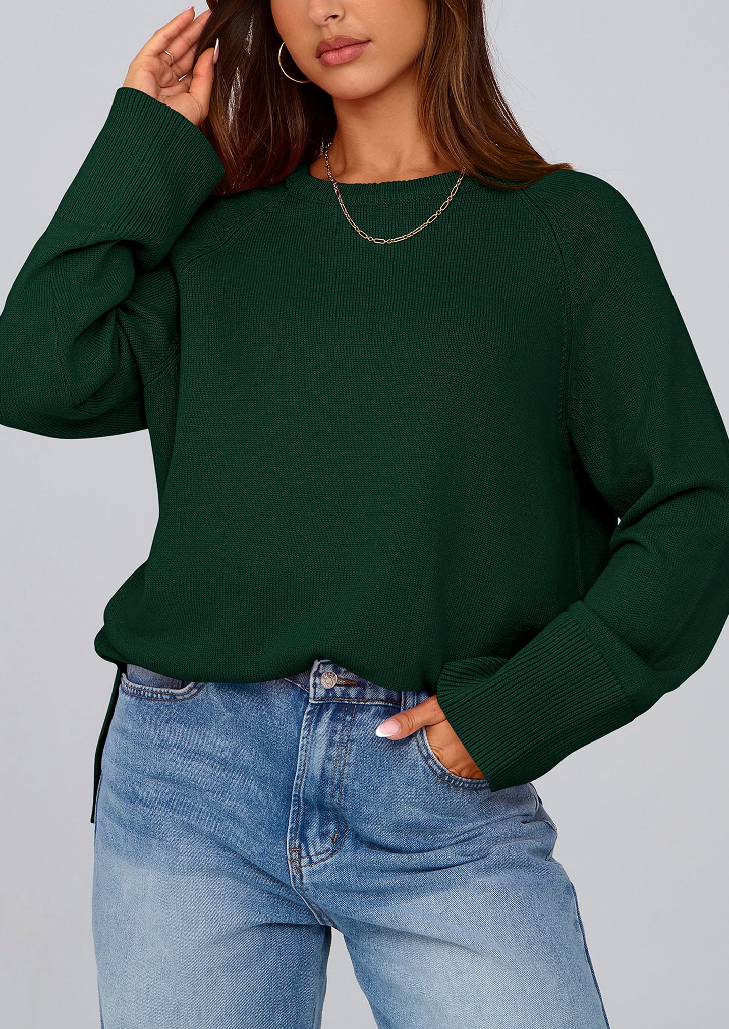 Women's Knit Fall Sweaters Long Sleeve Pullover Crewneck Split Hem Oversized Tunic Sweater Tops Winter Clothing