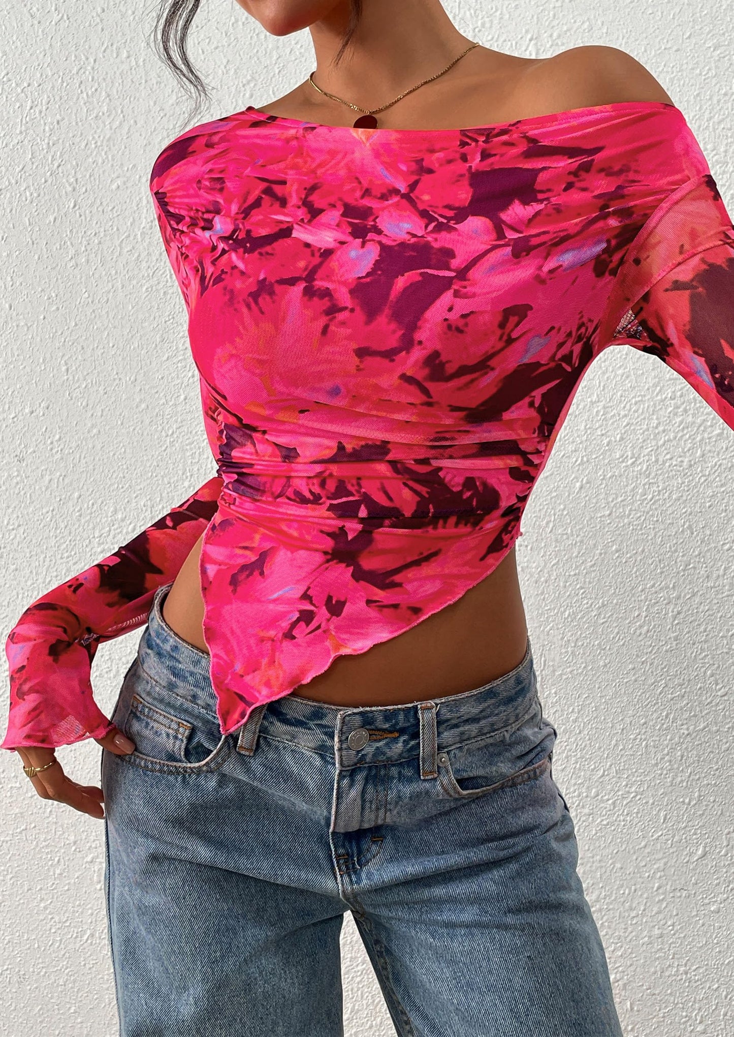 Womens Fall Trendy Off Shoulder Tops Tie Dye Mesh Long Sleeve Shirts Asymmetrical Ruched Floral Blouse