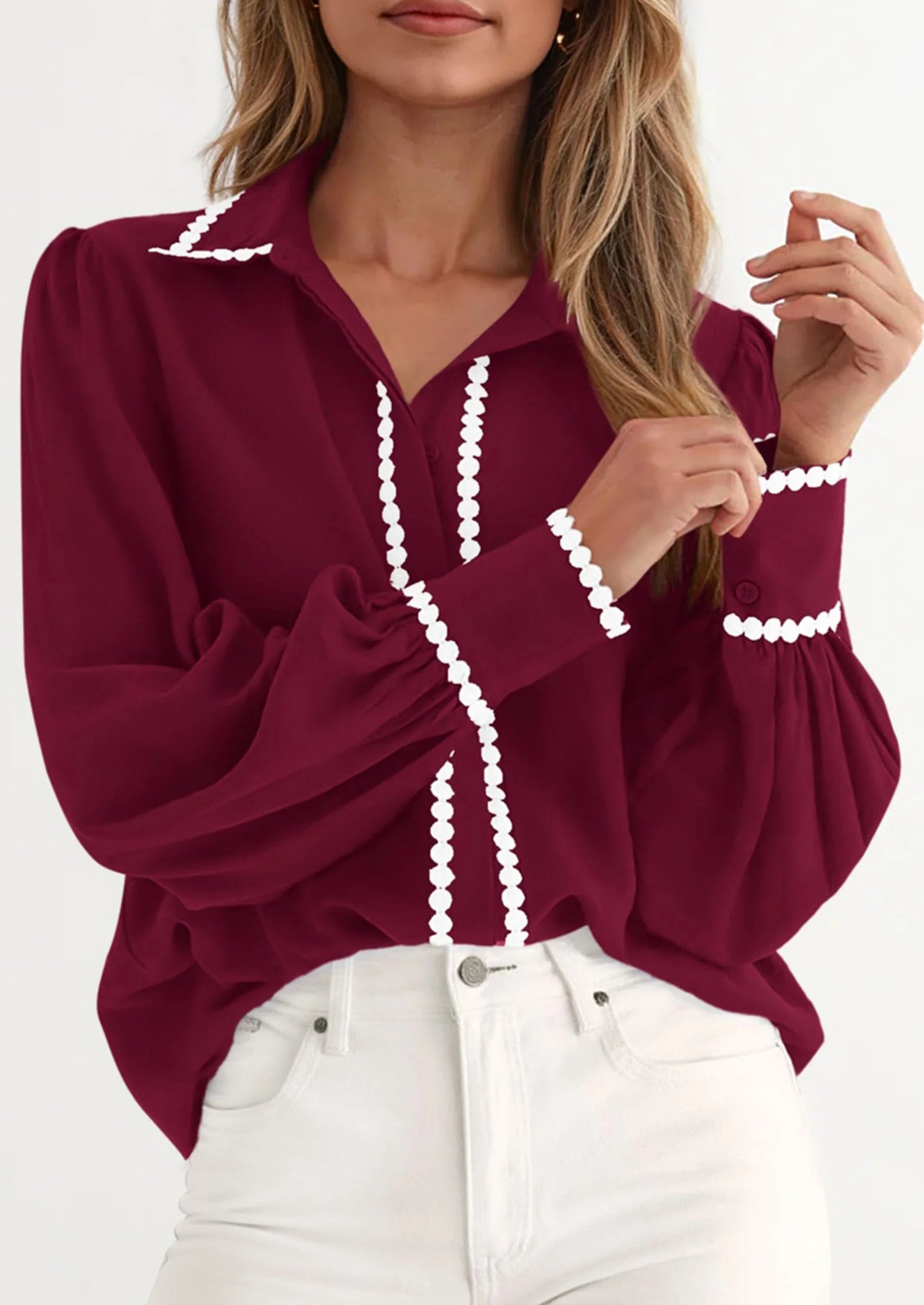 Womens Long Sleeve Button Down Shirts Trendy V Neck Loose Fit Fall Tops Collared Dressy Casual Blouses