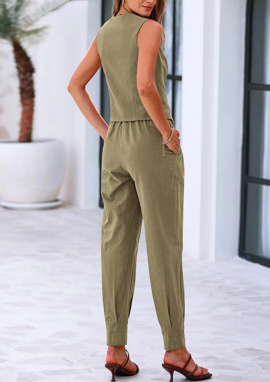 Two Piece V Neck Button Front Cropped Tank Tops Vest Pockets Pants Cotton Sets
