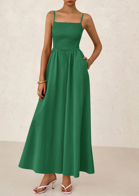 Women's Smocked Maxi Dresses Beach Sundress Casual Spaghetti Strap Swing A Line Long Flowy Dress