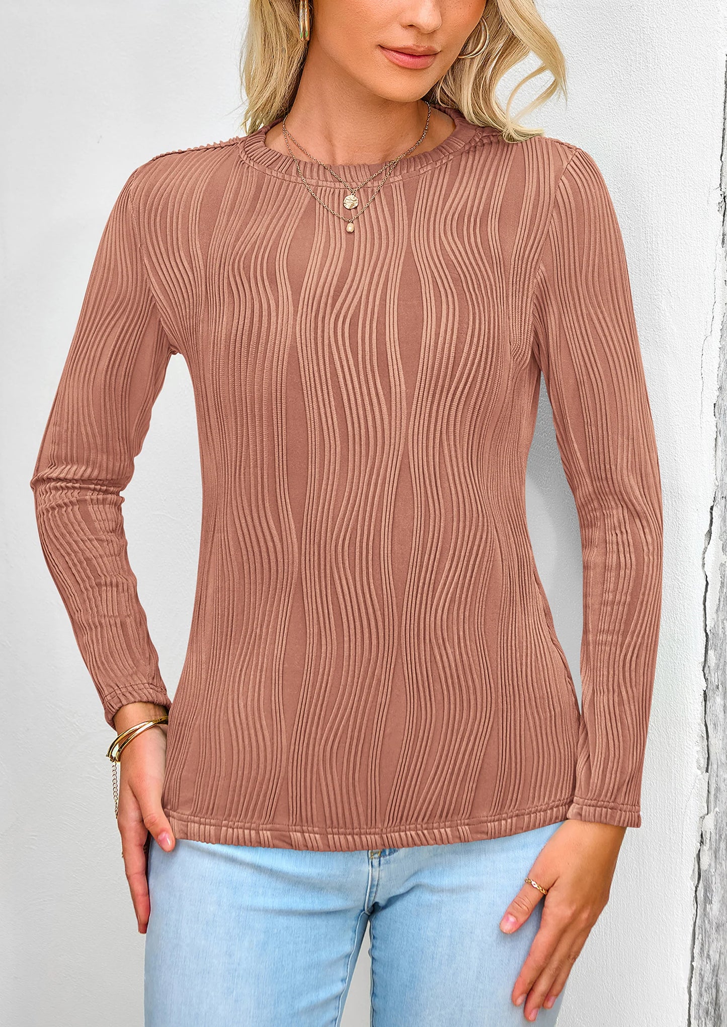 Long Sleeve Tops for Women Spring Fall Trendy Business Dressy Casual Shirts Crewneck Textured Blouse