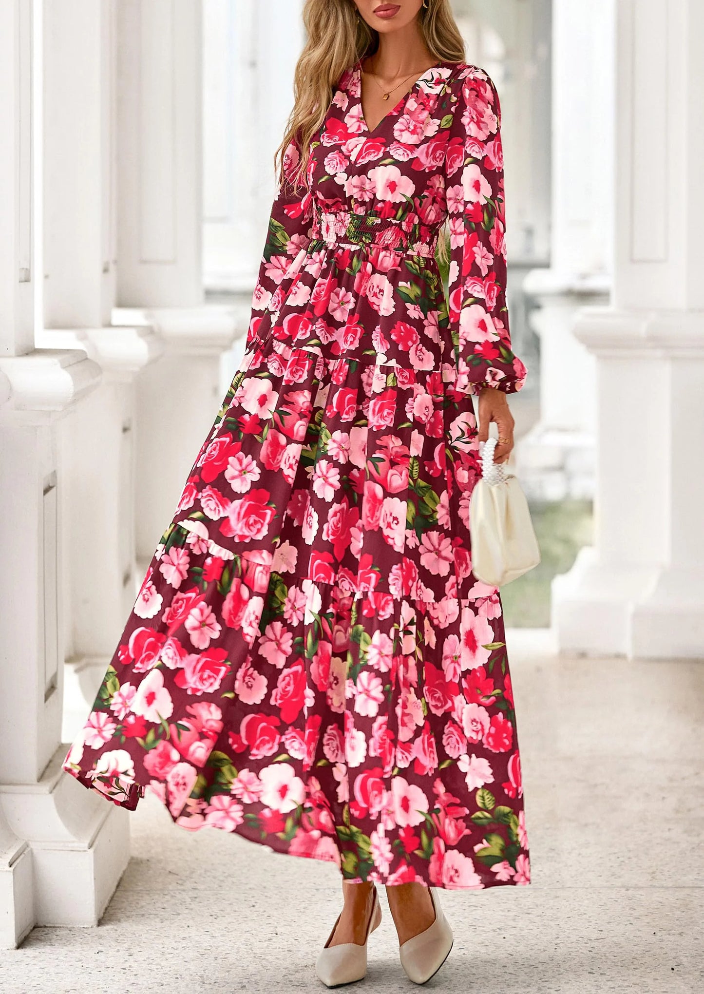 Long Sleeve Maxi Fall Dresses for Women Vneck Smocked Boho Floral Tiered Swing Flowy Wedding Guest Dress