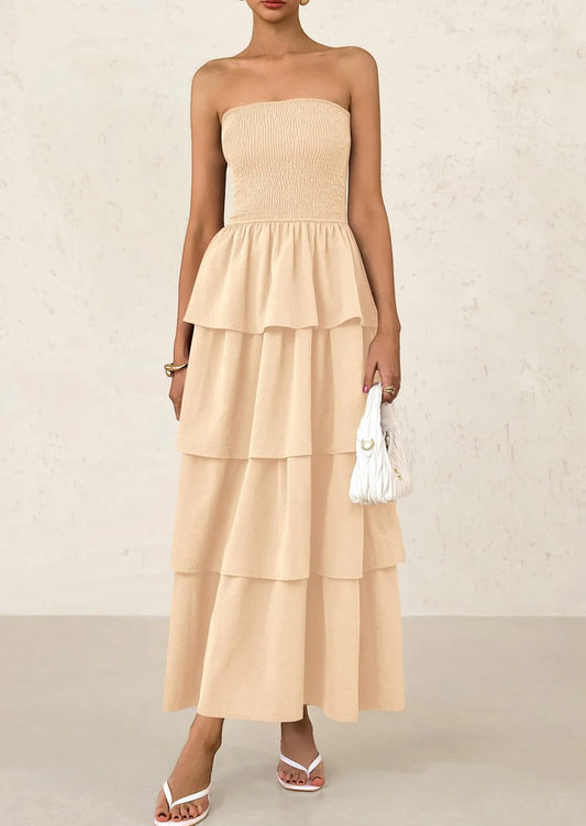 Maxi Dresses for Women Off Shoulder Smocked Tiered Ruffle Long Flowy Wedding Guest Dress
