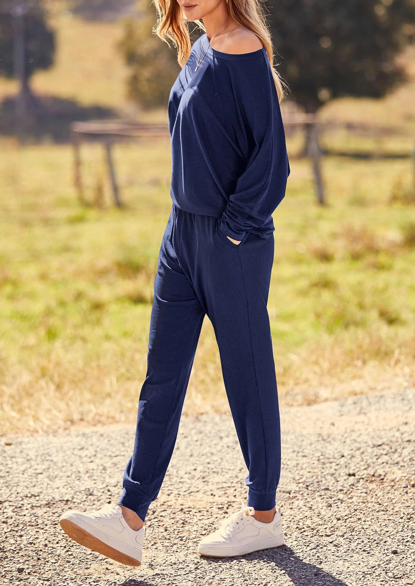 Women's Fall 2 Piece Lounge Set Long Sleeve Tops Ribbed Pants Spring Matching Sweatsuit Travel Outfits Clothes