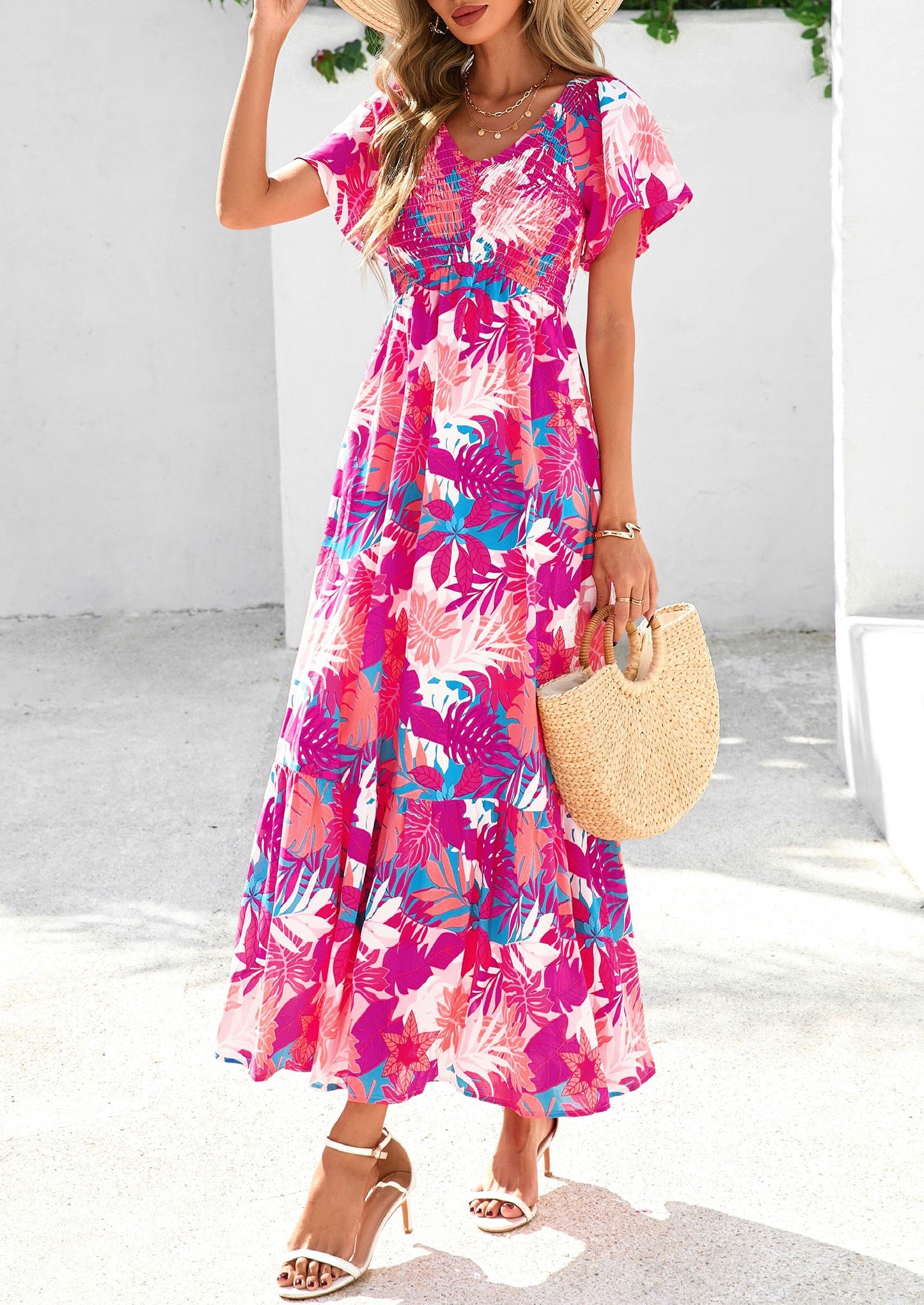Women Floral Boho Maxi Dresses Short Sleeve V Neck Smocked A Line Long Flowy Beach Vacation Dress