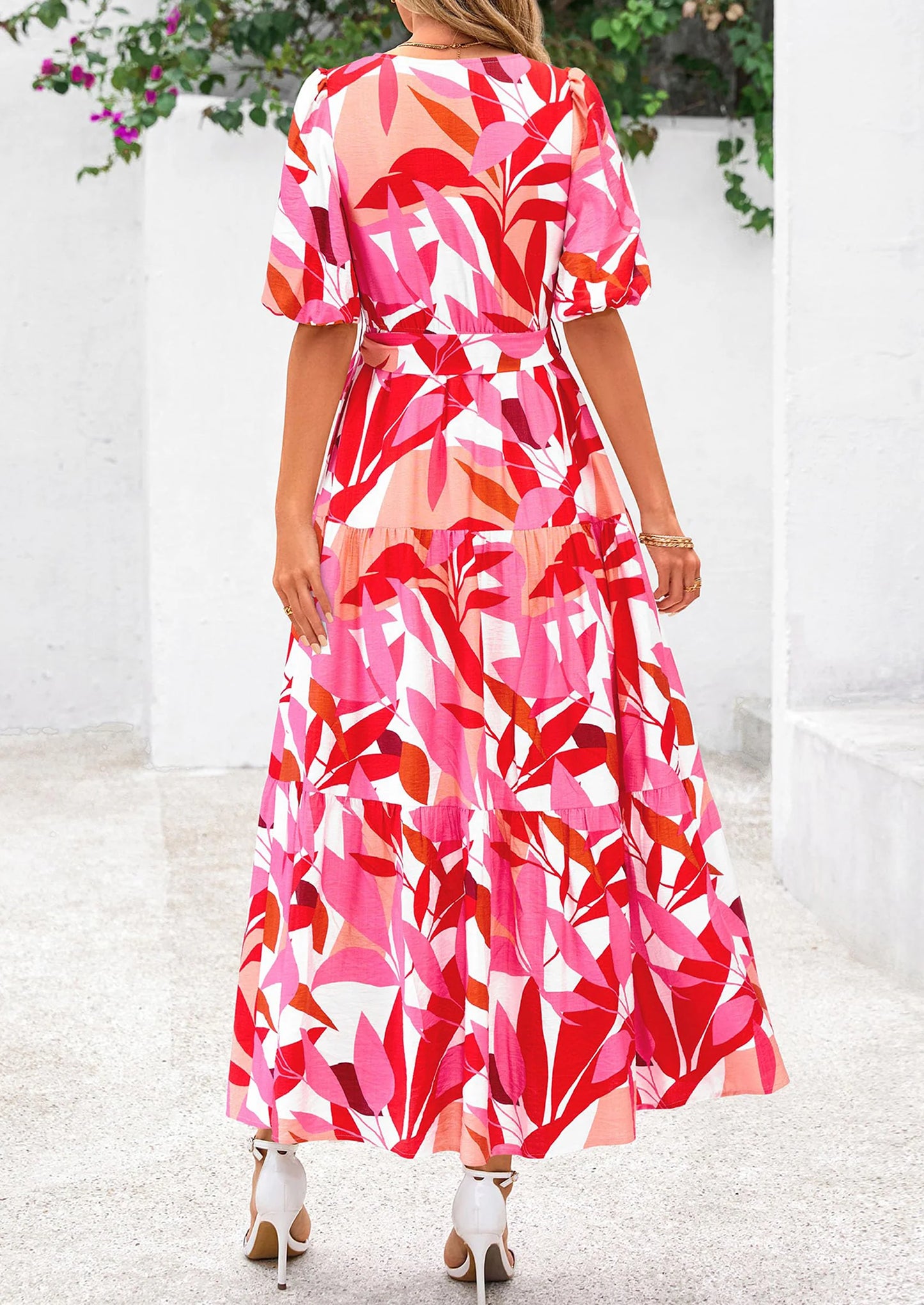 Women's Maxi Dress Resort Wear Boho Floral V Neck Puff Short Sleeve Ruffle Flowy Beach Long Dresses