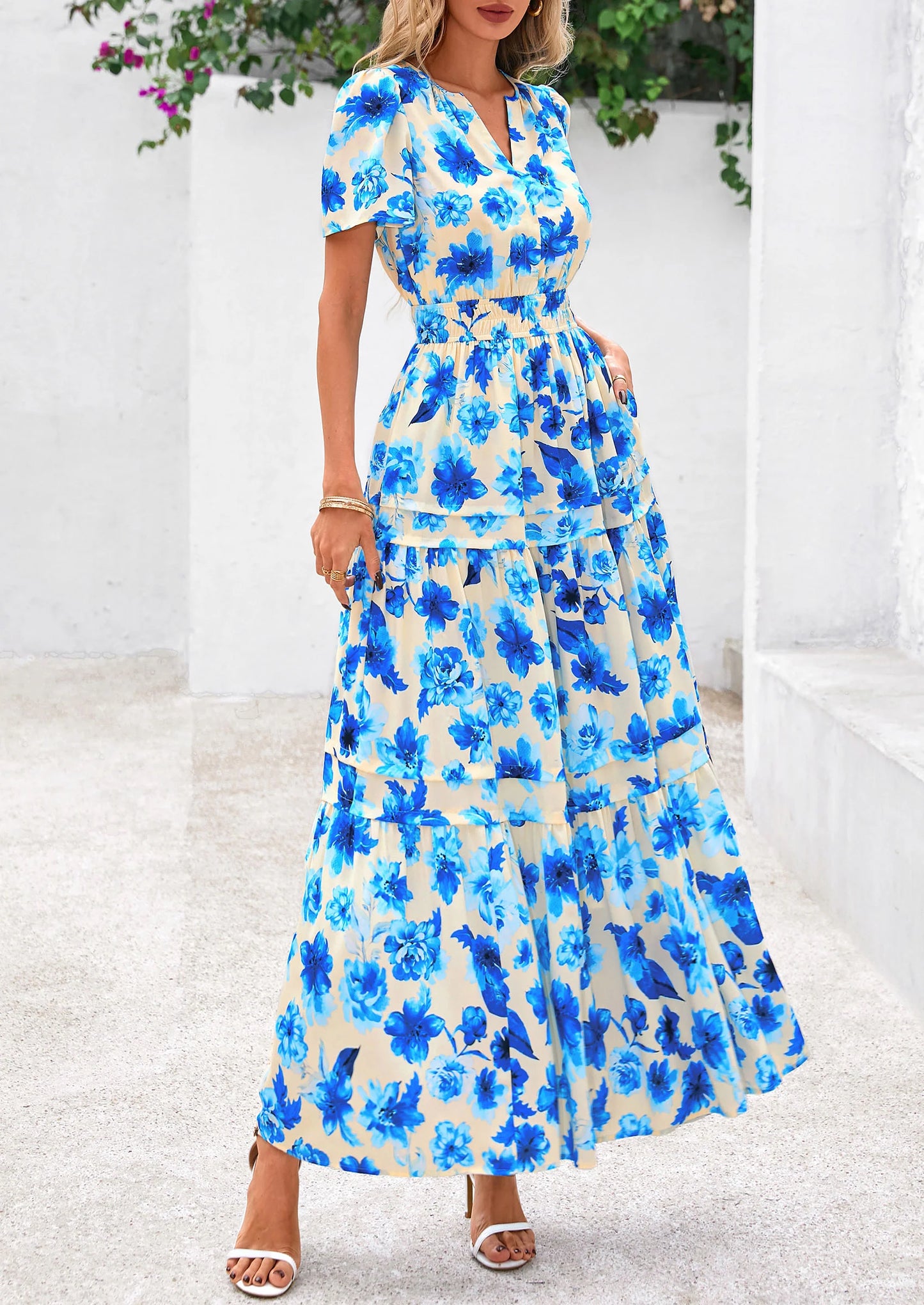Women's Boho Maxi Dresses Floral Short Sleeve V Neck A Line Tiered Flowy Long Beach Vacation Dress