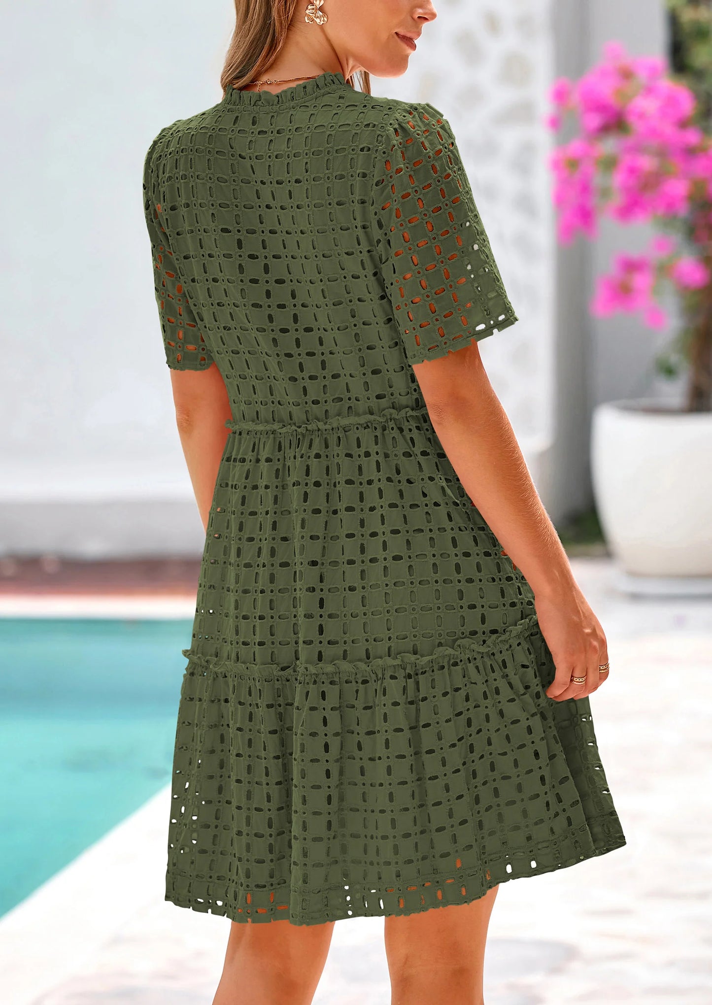 Women's Short Sleeve Mini Dress Summer V Neck Hollow Out Eyelet Ruffle A Line Swing Short Dresses
