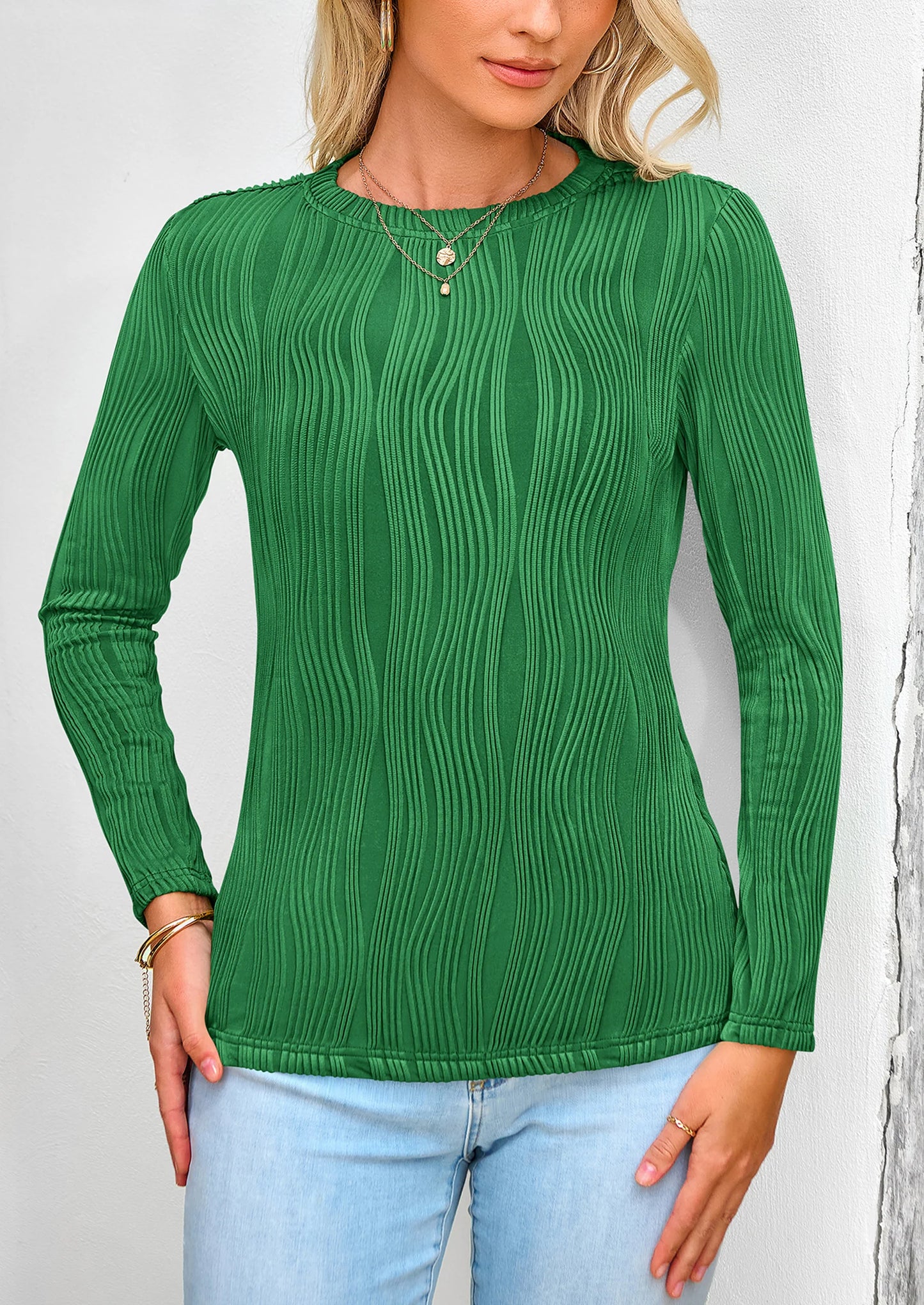 Long Sleeve Tops for Women Spring Fall Trendy Business Dressy Casual Shirts Crewneck Textured Blouse