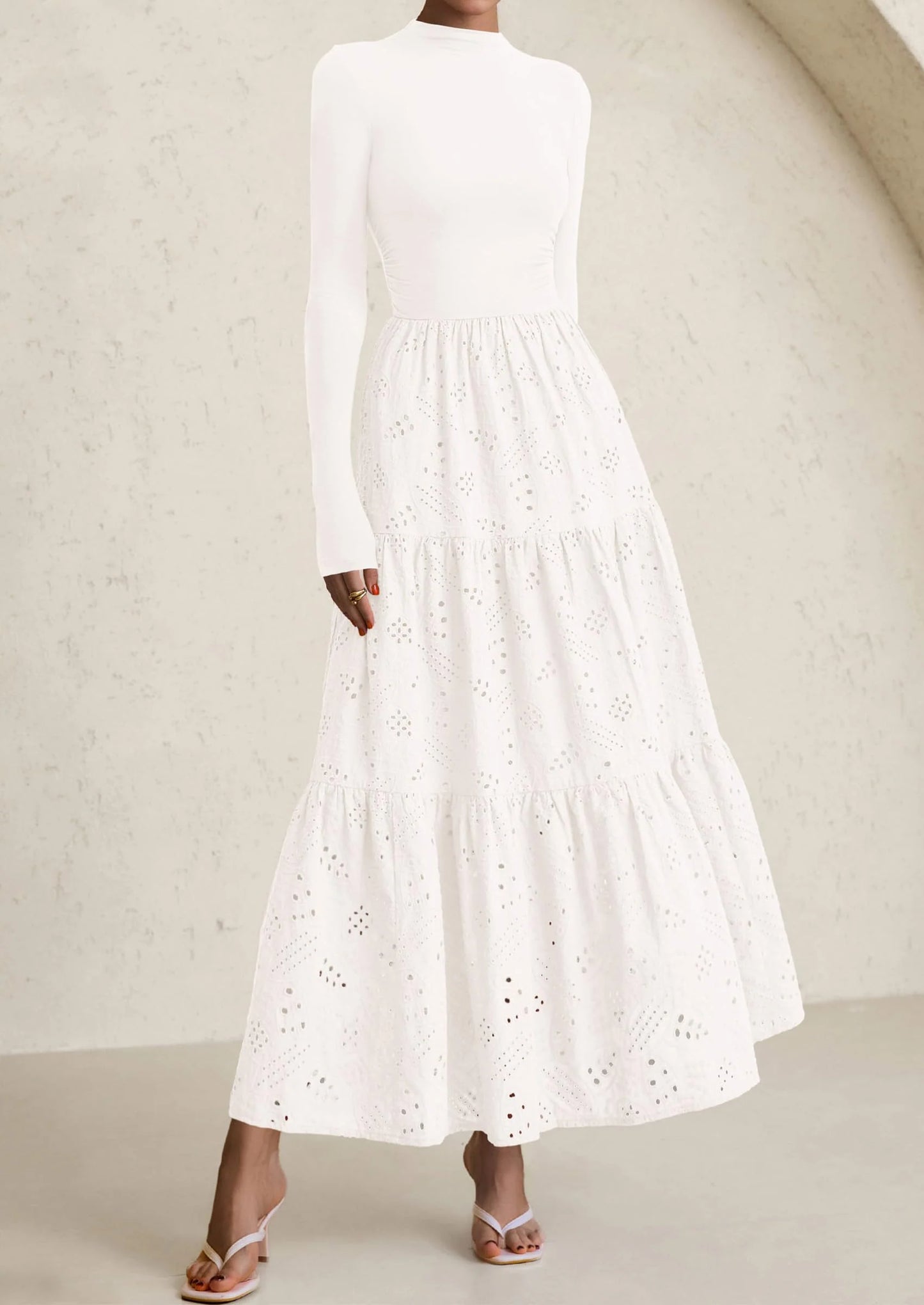 Long Sleeve Dress for Women Fall Eyelet Mock Neck A Line Elegant Classy Maxi Wedding Guest Dresses Pockets