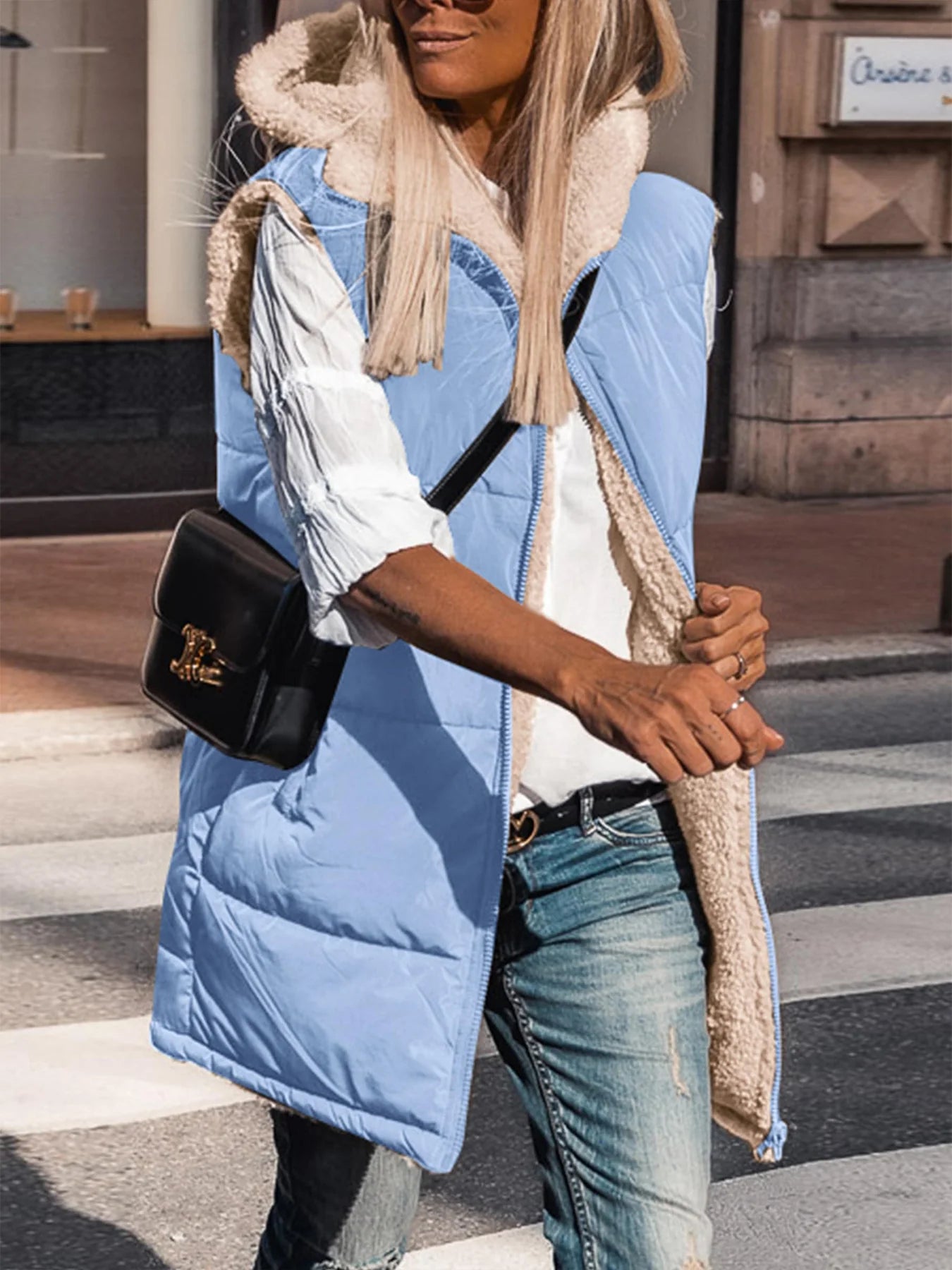 Womens Fall Reversible Vests Sleeveless Fleece Jacket Zip Up Hoodie Pockets Long Warm Winter Coat Outerwear