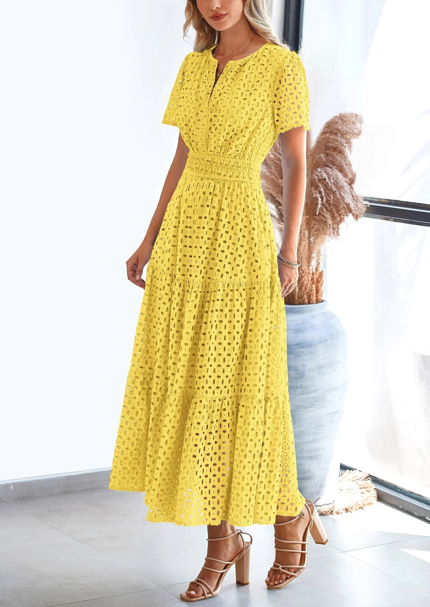 Womens Maxi Dress Short Sleeve V Neck Hollow Out Eyelet A Line Long Flowy Beach Vacation Dresses