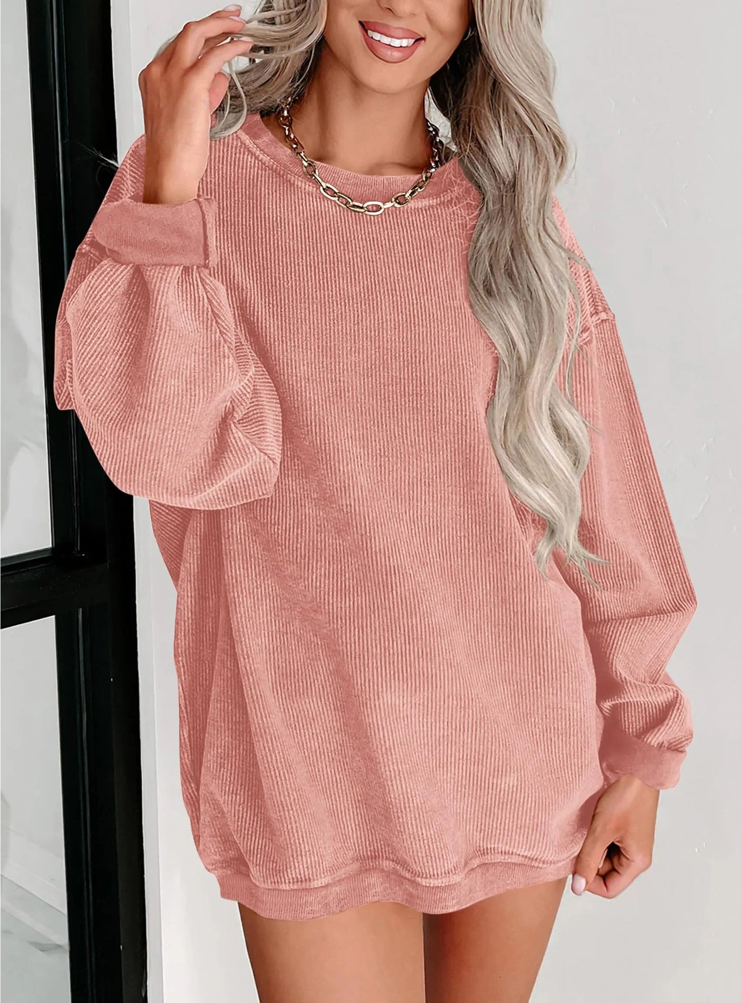 Women's Oversized Sweatshirt 2025 Fall Fashion Clothes Ribbed Corduroy Long Sleeve Going Out Pullover Tops