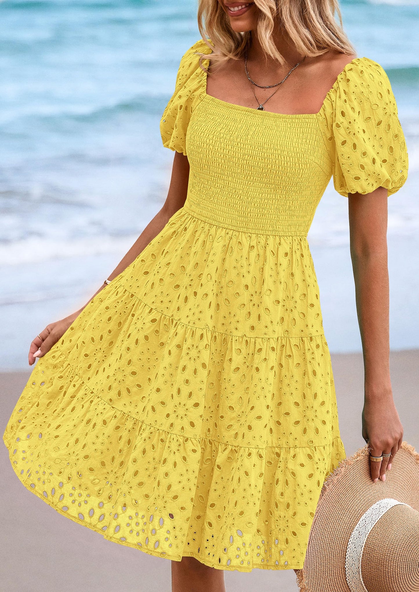 Womens Summer Puff Sleeve Mini Dress Off Shoulder Eyelet Smocked A Line Casual Babydoll Short Dresses