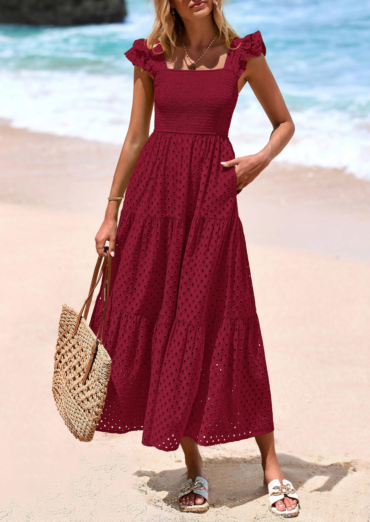 Womens Square Neck Maxi Dresses Cap Sleeve Eyelet Smocked Tiered A Line Flowy Long Dress with Pockets