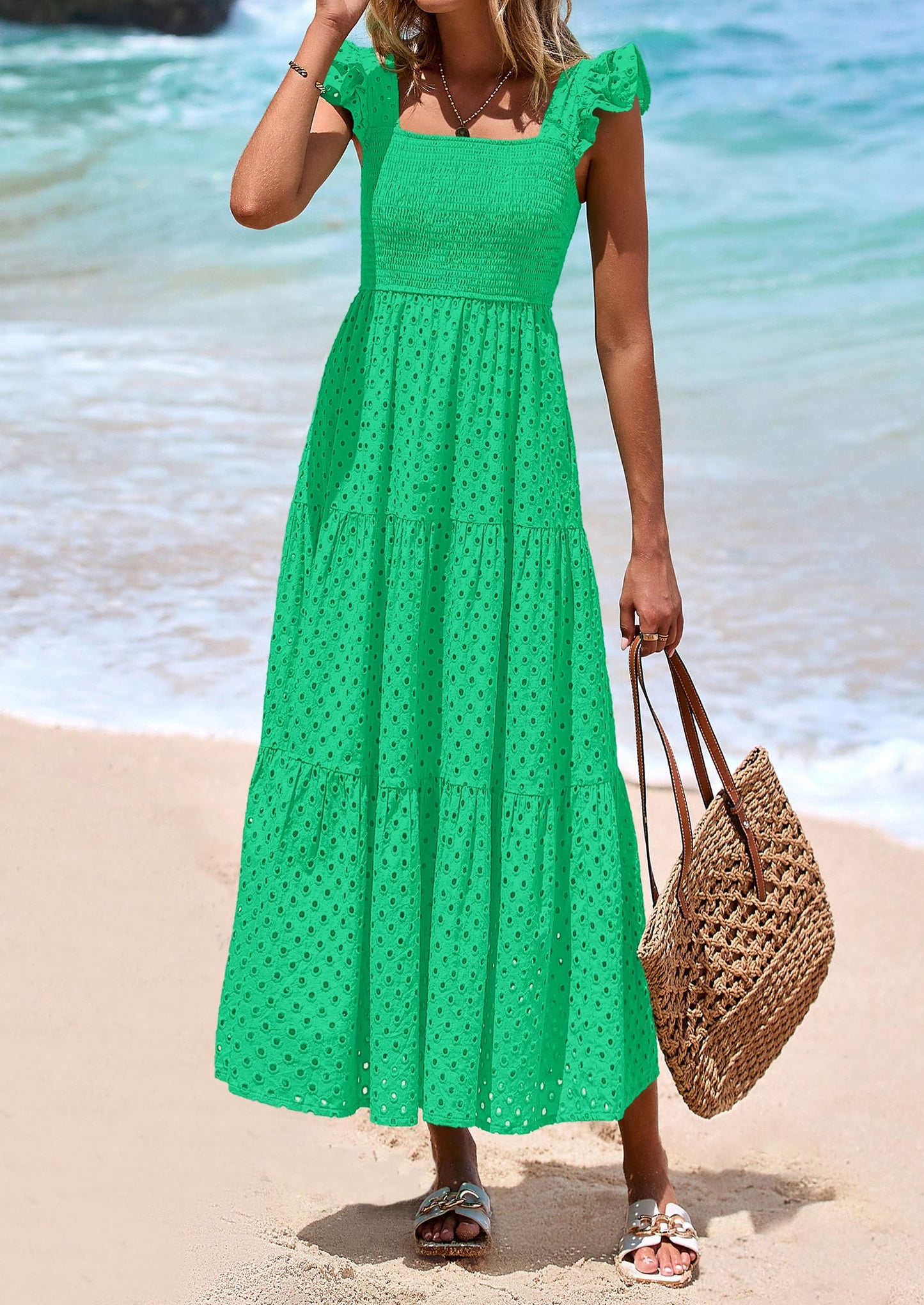 Womens Square Neck Maxi Dresses Cap Sleeve Eyelet Smocked Tiered A Line Flowy Long Dress with Pockets