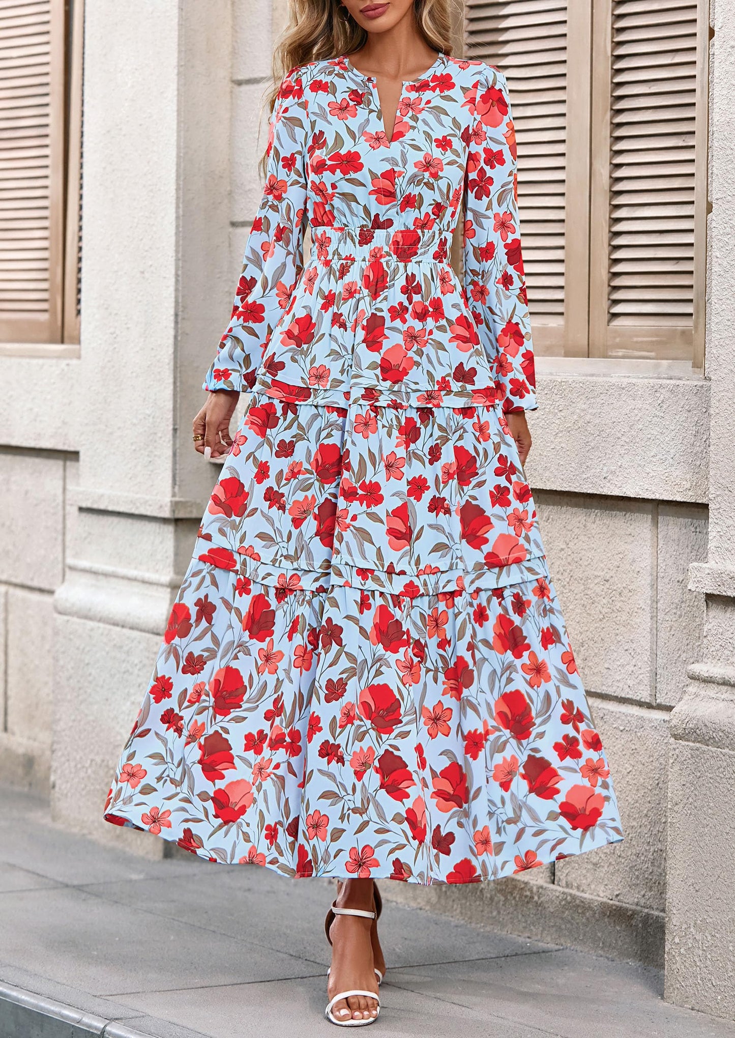 Women's Fall Boho Maxi Dresses Floral Long Sleeve V Neck Flowy Elegant Wedding Guest Dress Vacation Outfits
