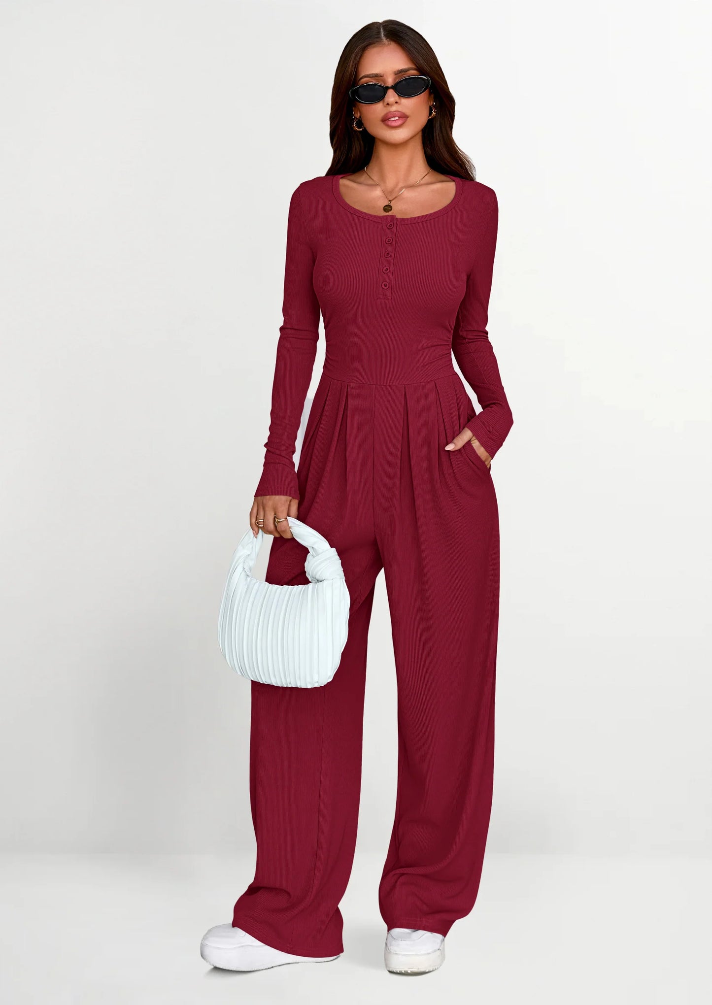 Jumpsuits for Women Dressy Casual Fall One Piece Outfits Long Sleeve Crew Neck Wide Leg Pants Rompers