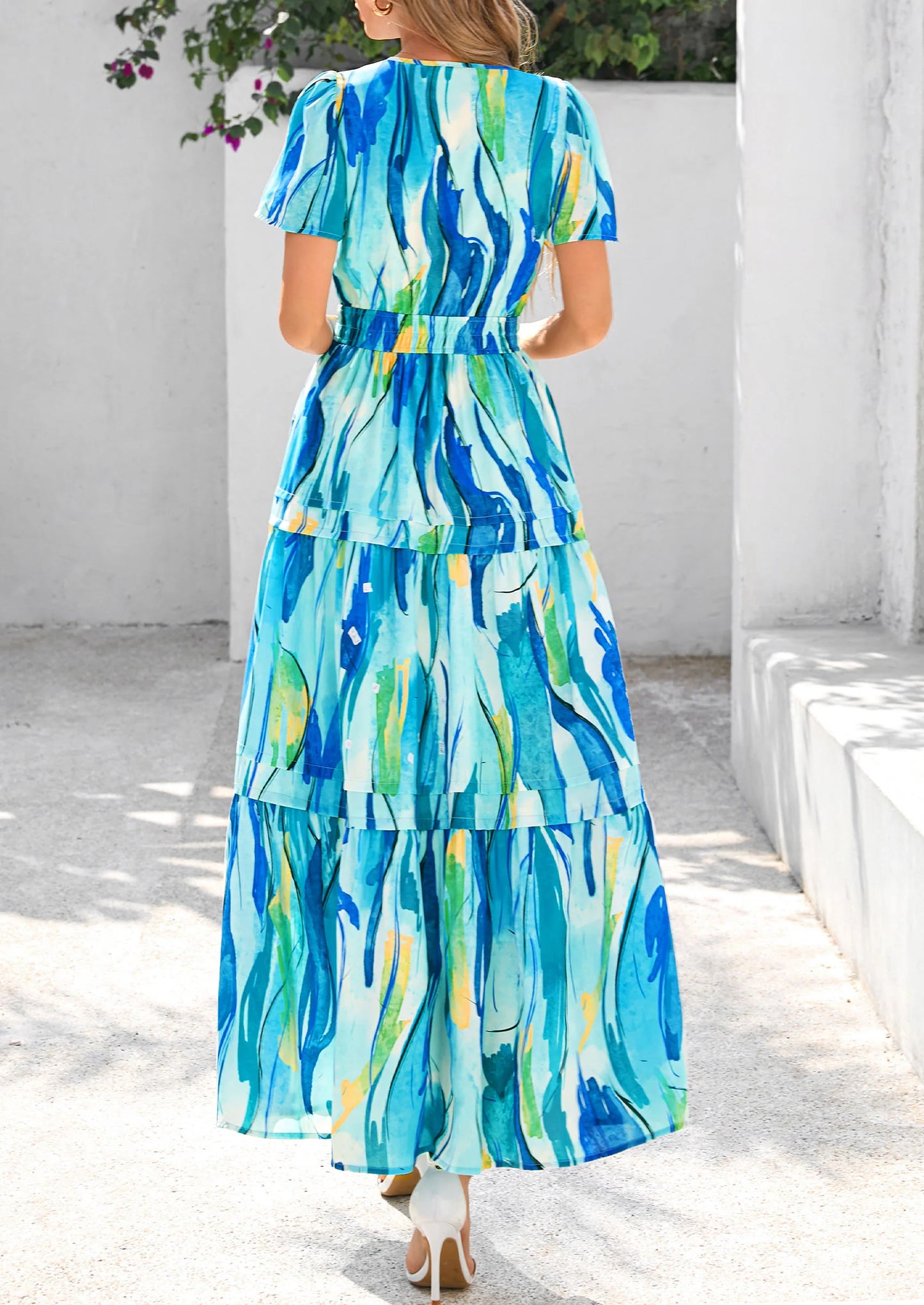 Women's Boho Maxi Dresses Floral Short Sleeve V Neck A Line Tiered Flowy Long Beach Vacation Dress