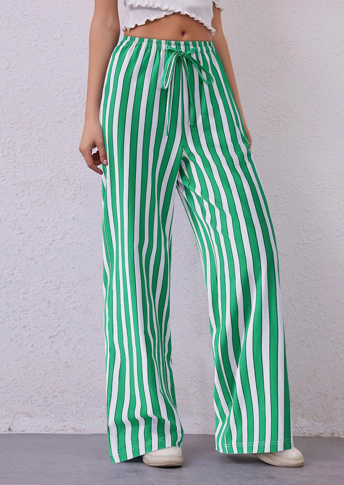 Women's Summer Striped Wide Leg Lounge Pants Trendy Clothes Drawstring Elastic Waist Comfy Pajama Bottoms