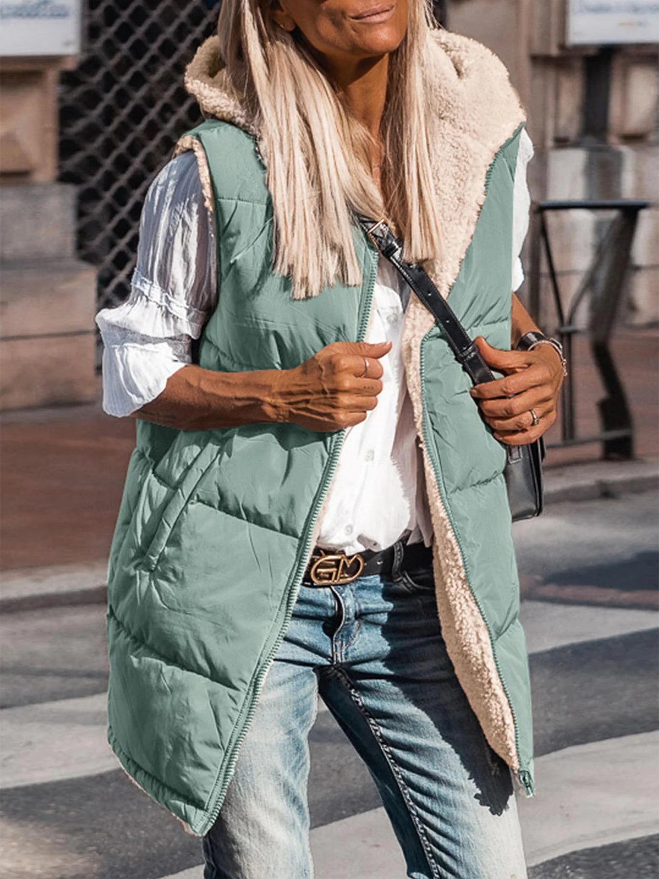 Womens Fall Reversible Vests Sleeveless Fleece Jacket Zip Up Hoodie Pockets Long Warm Winter Coat Outerwear