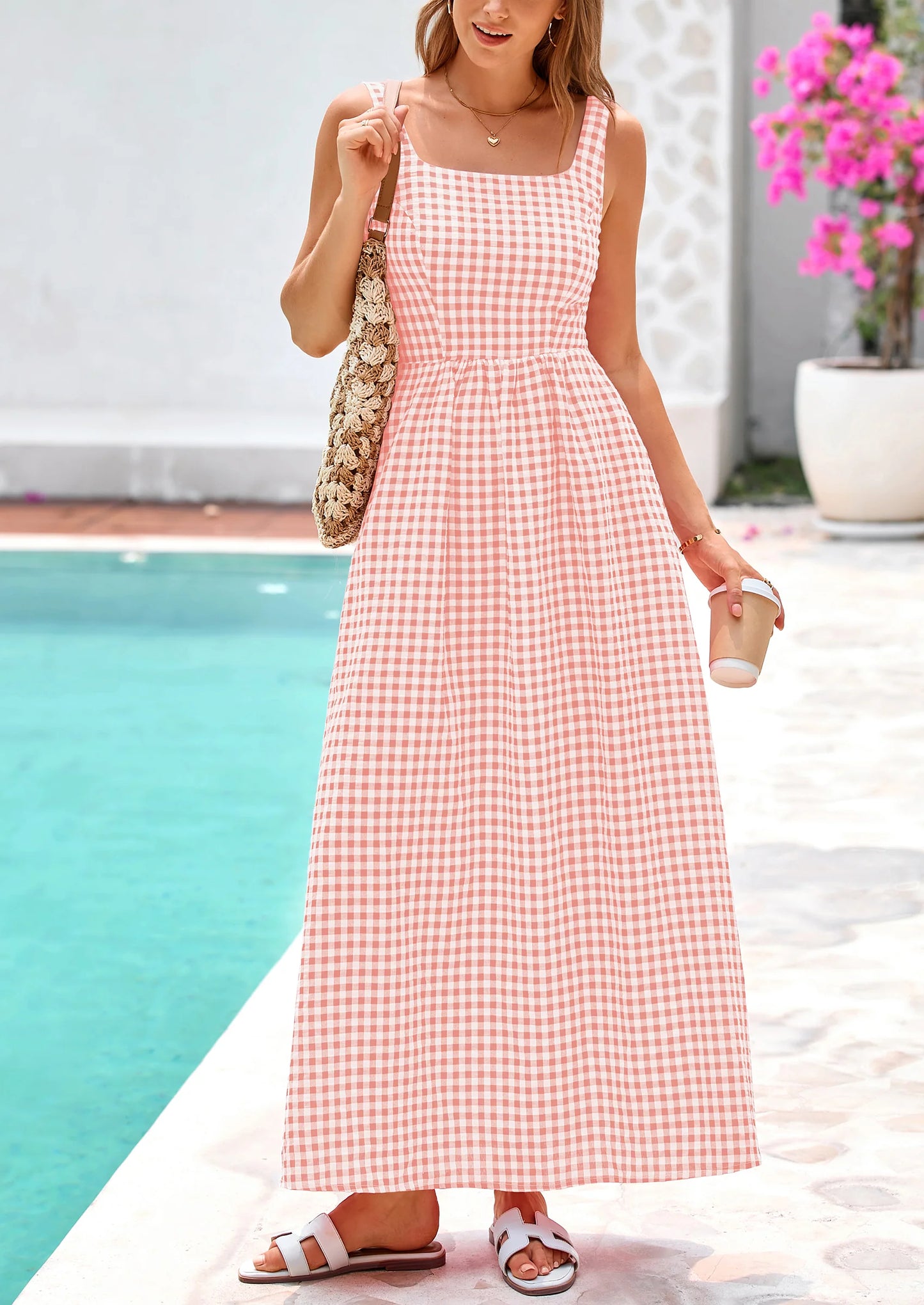 Women's Summer Spaghetti Strap Maxi Dresses Plaid Square Neck A Line Casual Beach Vacation Long Sundress