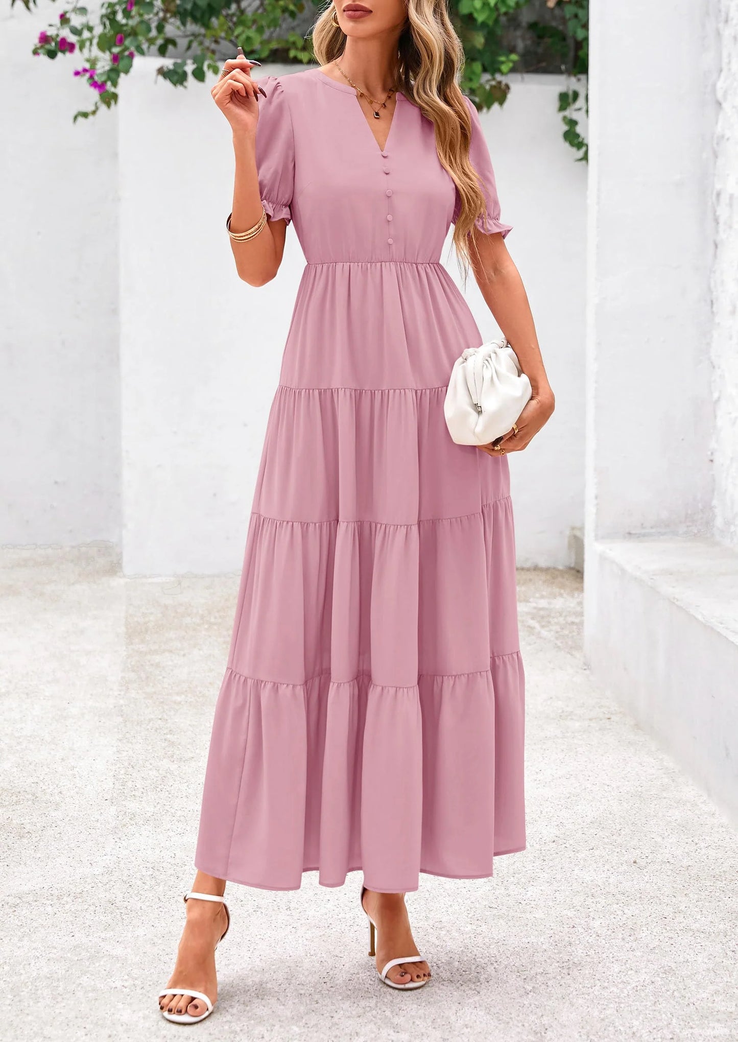 Women's Casual Short Sleeve V Neck Midi Dresses Spring A-line Tiered Wedding Guest Dress