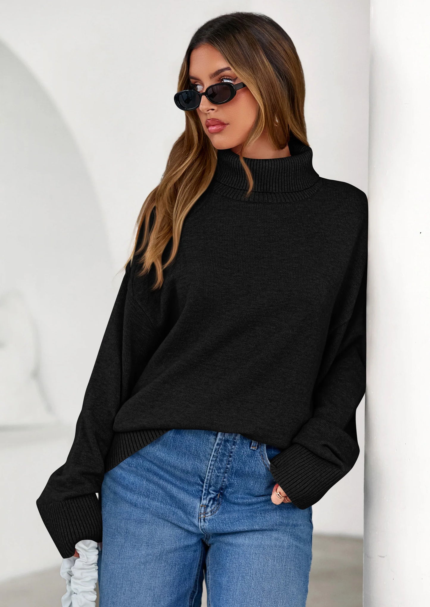 Womens Turtleneck Long Sleeve Sweater Fall Trendy Loose Fit Casual Tops Chunky Knit Pullover Sweaters