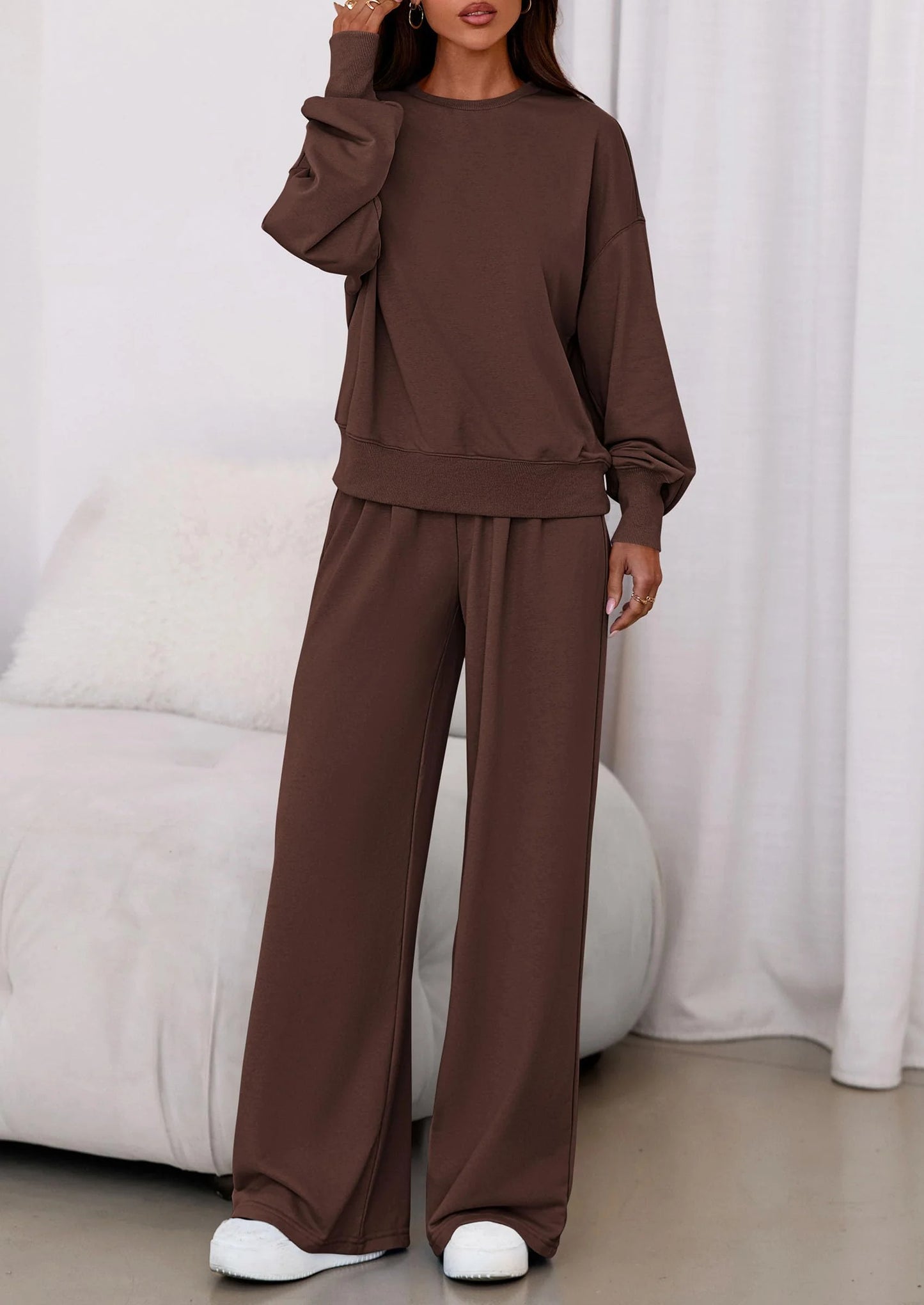 Womens 2 Piece Sets Long Sleeve Sweatshirt Wide Leg Pants Loose Matching Lounge Set Trendy Fall Outfits