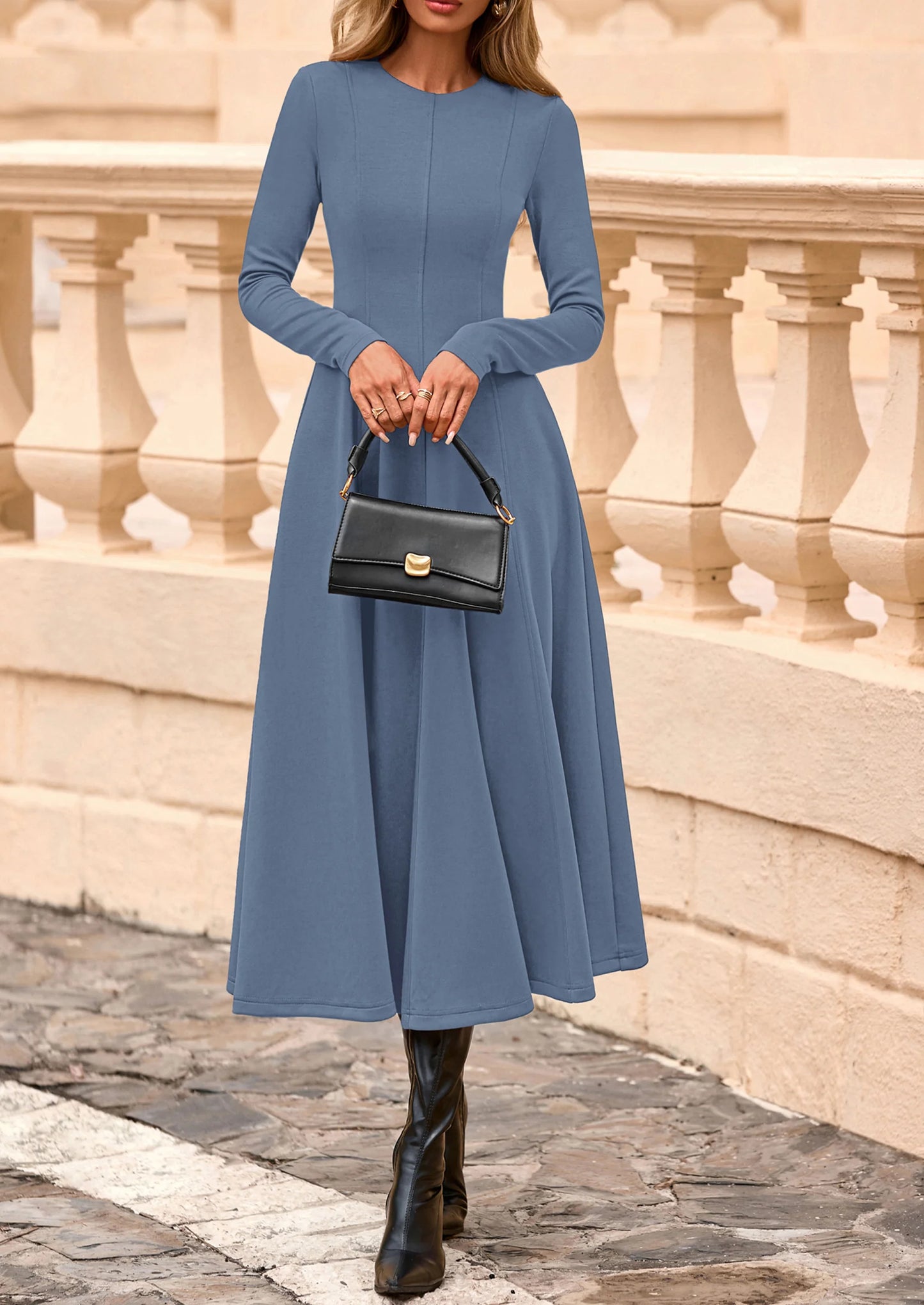 Women's Fall Long Sleeve Midi Dress Casual Elegant Ruffle Flowy A Line Swing Cocktail Party Dresses