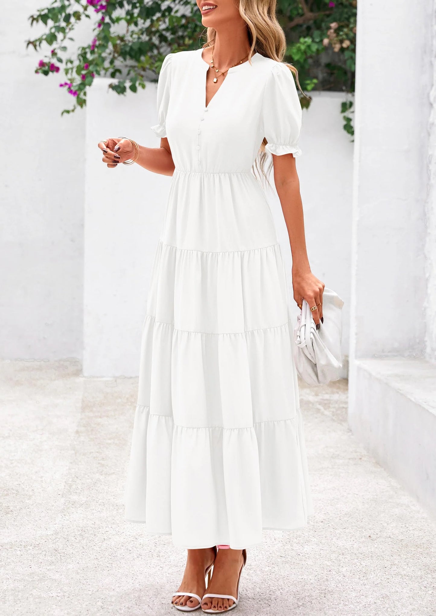 Women's Casual Short Sleeve V Neck Midi Dresses Spring A-line Tiered Wedding Guest Dress