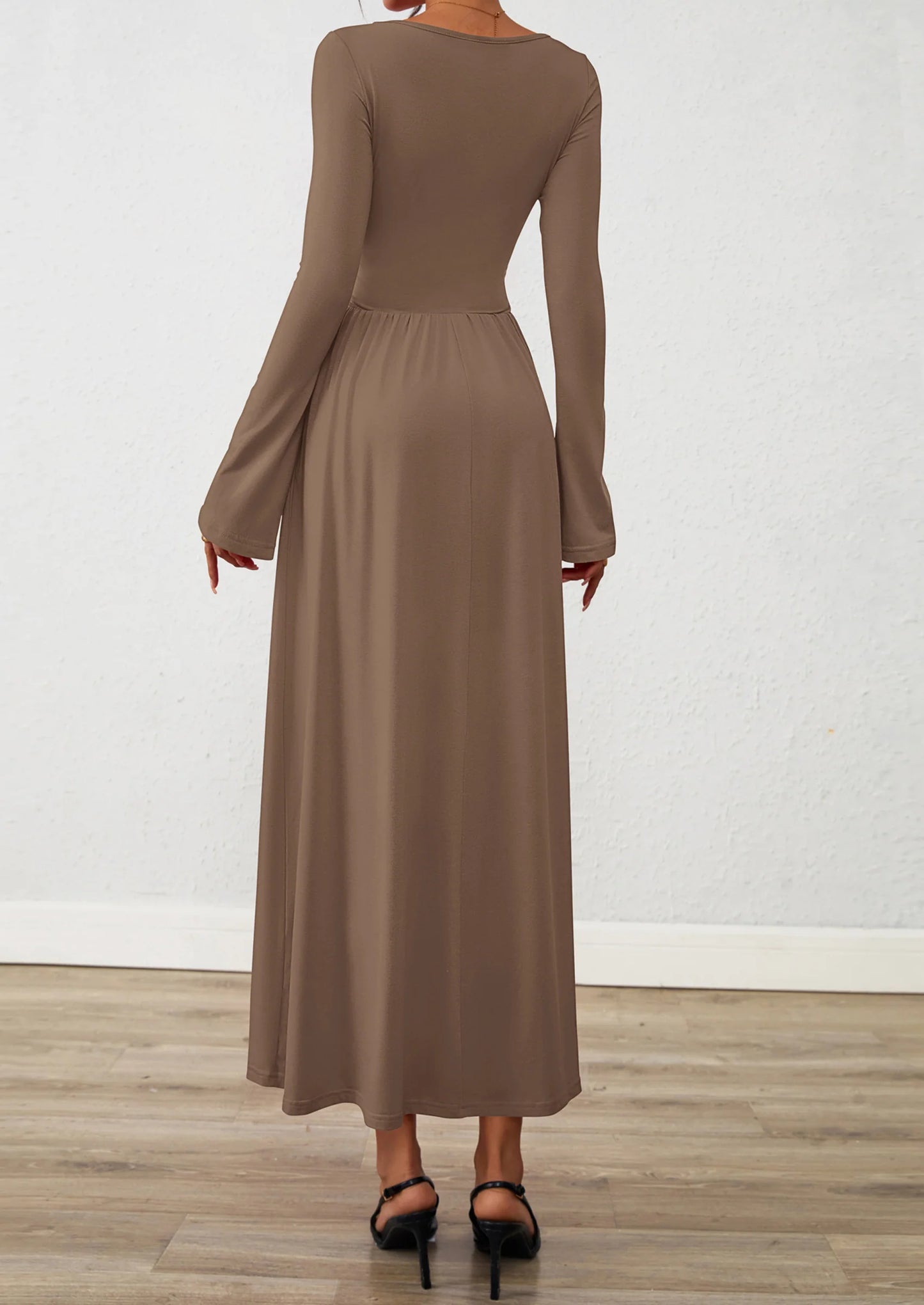 BTFBM Long Sleeve Maxi Dresses for Women Fall Casual Ruched Boat Neck Flowy Elegant Formal Wedding Guest Dress