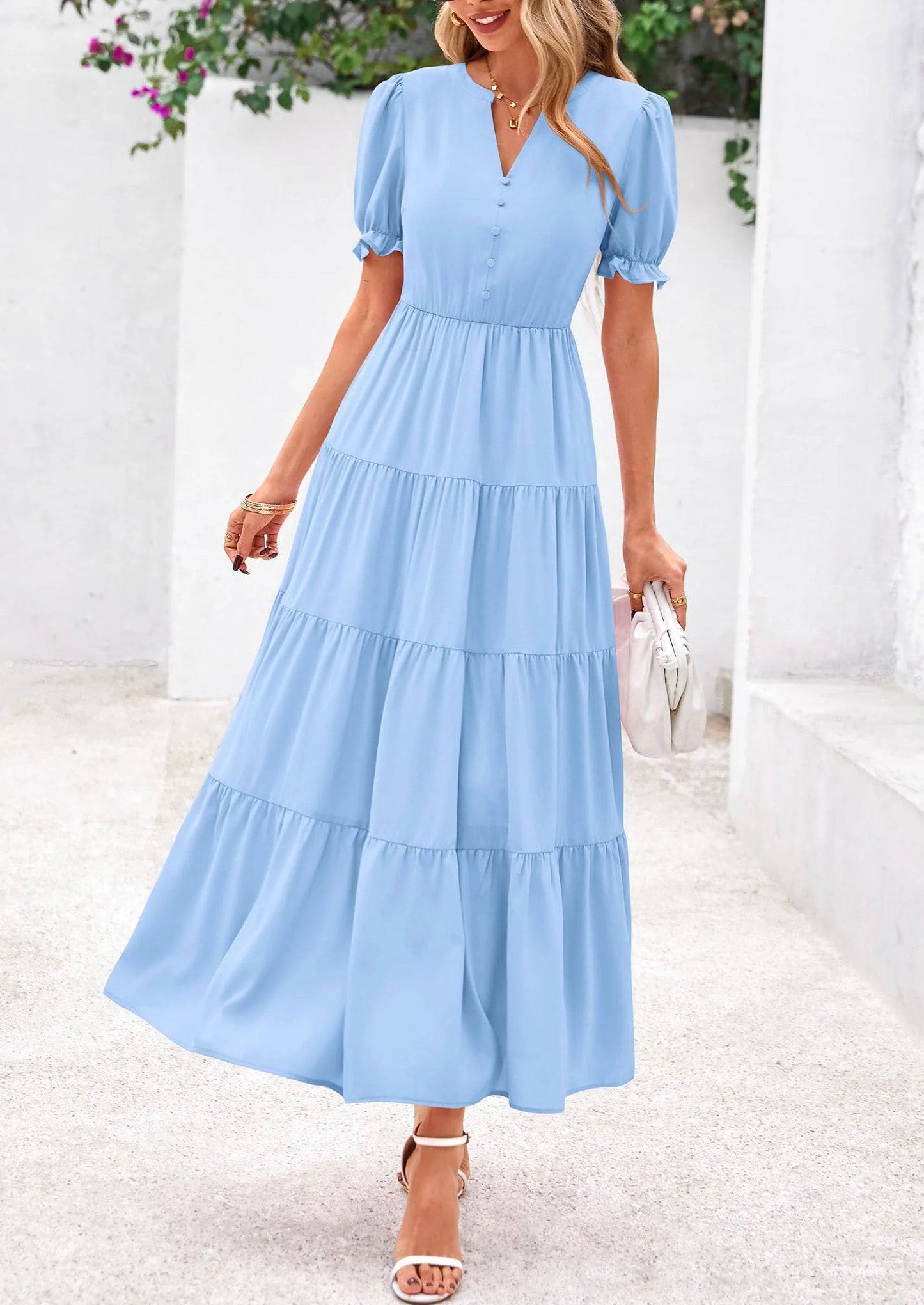 Women's Casual Short Sleeve V Neck Midi Dresses Spring A-line Tiered Wedding Guest Dress