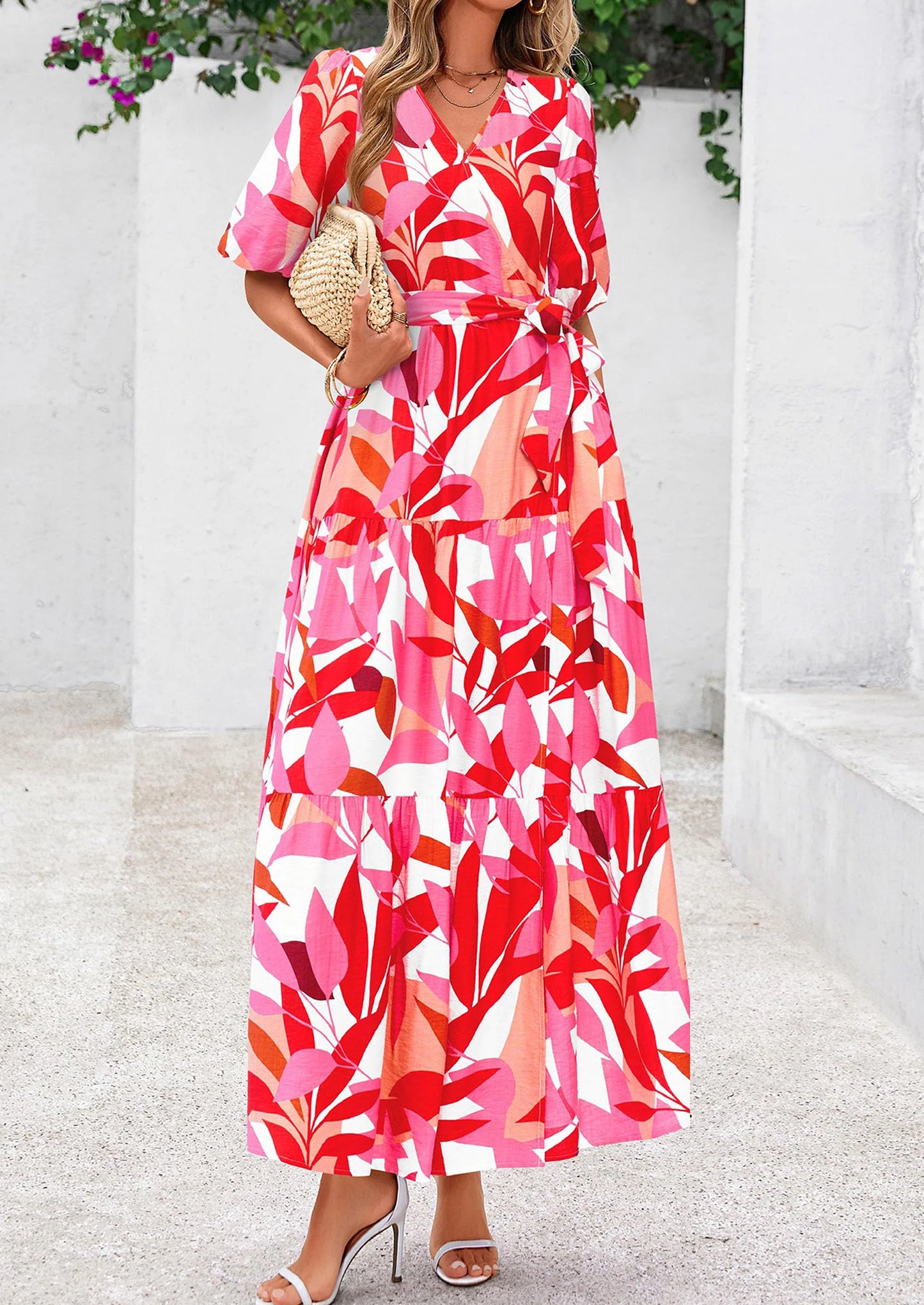 Women's Maxi Dress Resort Wear Boho Floral V Neck Puff Short Sleeve Ruffle Flowy Beach Long Dresses