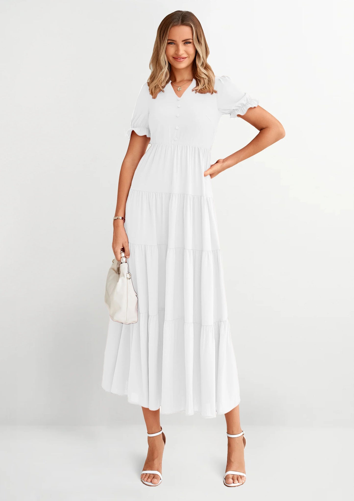 Women's Casual Short Sleeve V Neck Midi Dresses Spring A-line Tiered Wedding Guest Dress