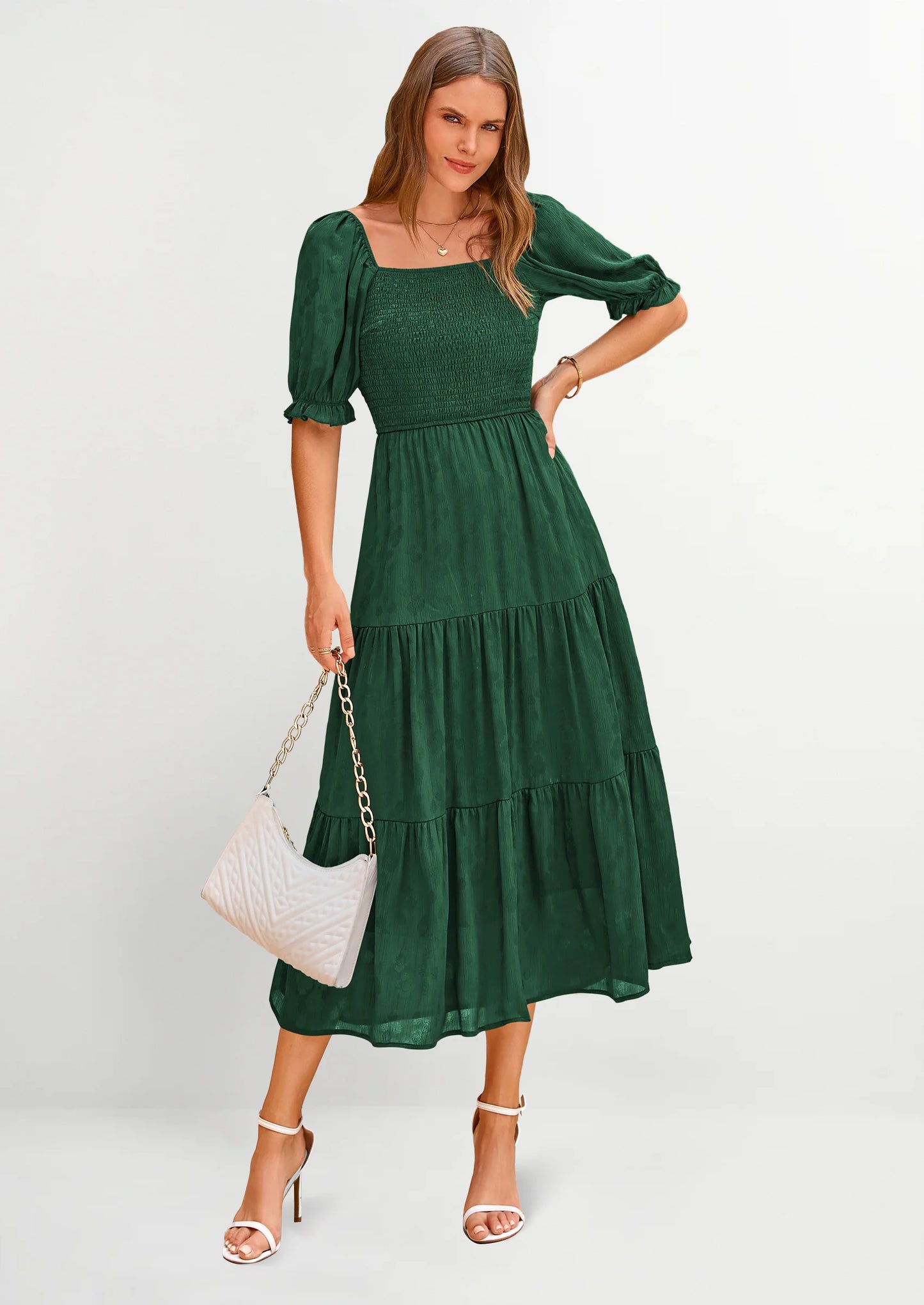 Women's Casual Midi Dresses Square Neck Short Sleeve Smocked A Line Floral Flowy Elegant Boho Dress