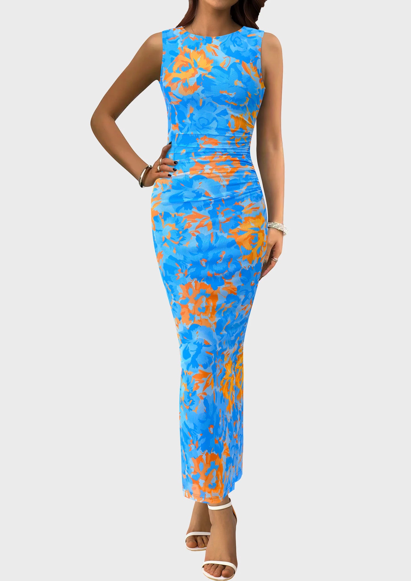 Wedding Guest Dresses for Women Spring Floral Bodycon Sleeveless Mesh Maxi Long Dress