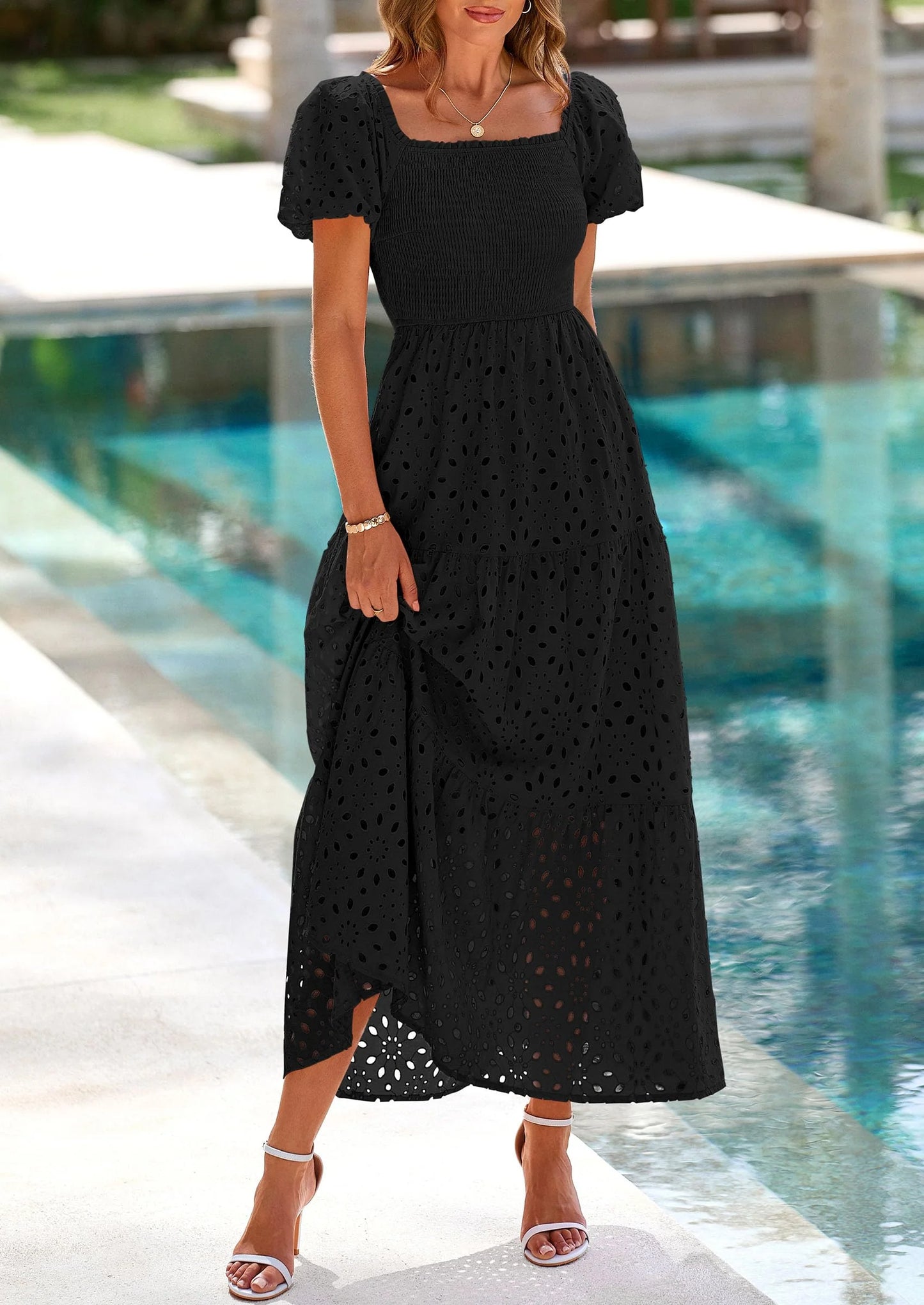 Dresses for Women Eyelet Square Neck Puff Sleeve Smocked Wedding Guest Maxi Dress with Pockets