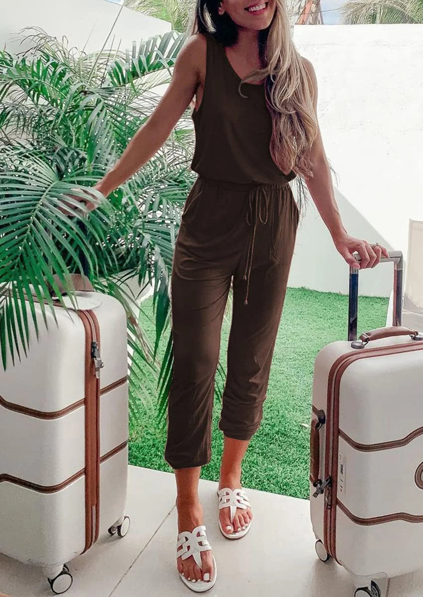 Two Piece Outfit Sets Casual Sleeveless Crewneck Tops and Sweatpants
