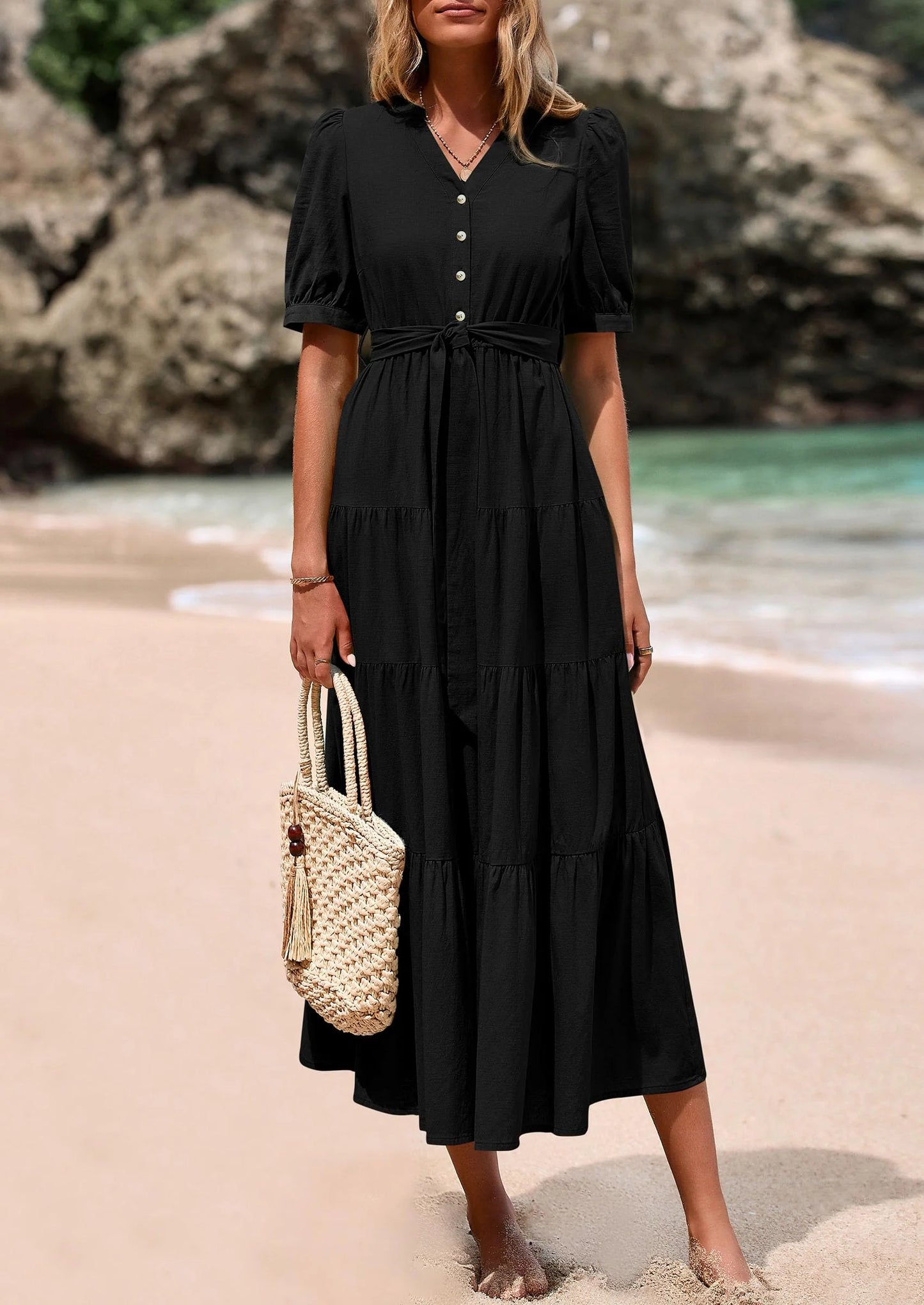 Women's Midi Dress Casual Short Sleeve V Neck Buttons Belted Ruffle A Line Flowy Dress with Pockets