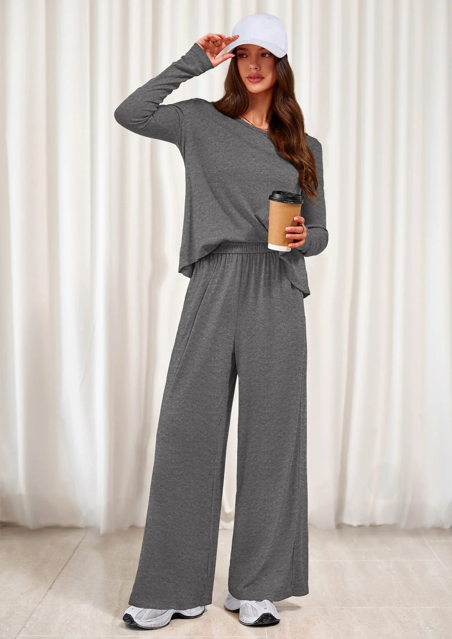 Women's 2 Piece Fall Sets  Casual Long Sleeve Shirts Wide Leg Pants Lounge Travel Outfits Fashion Clothing