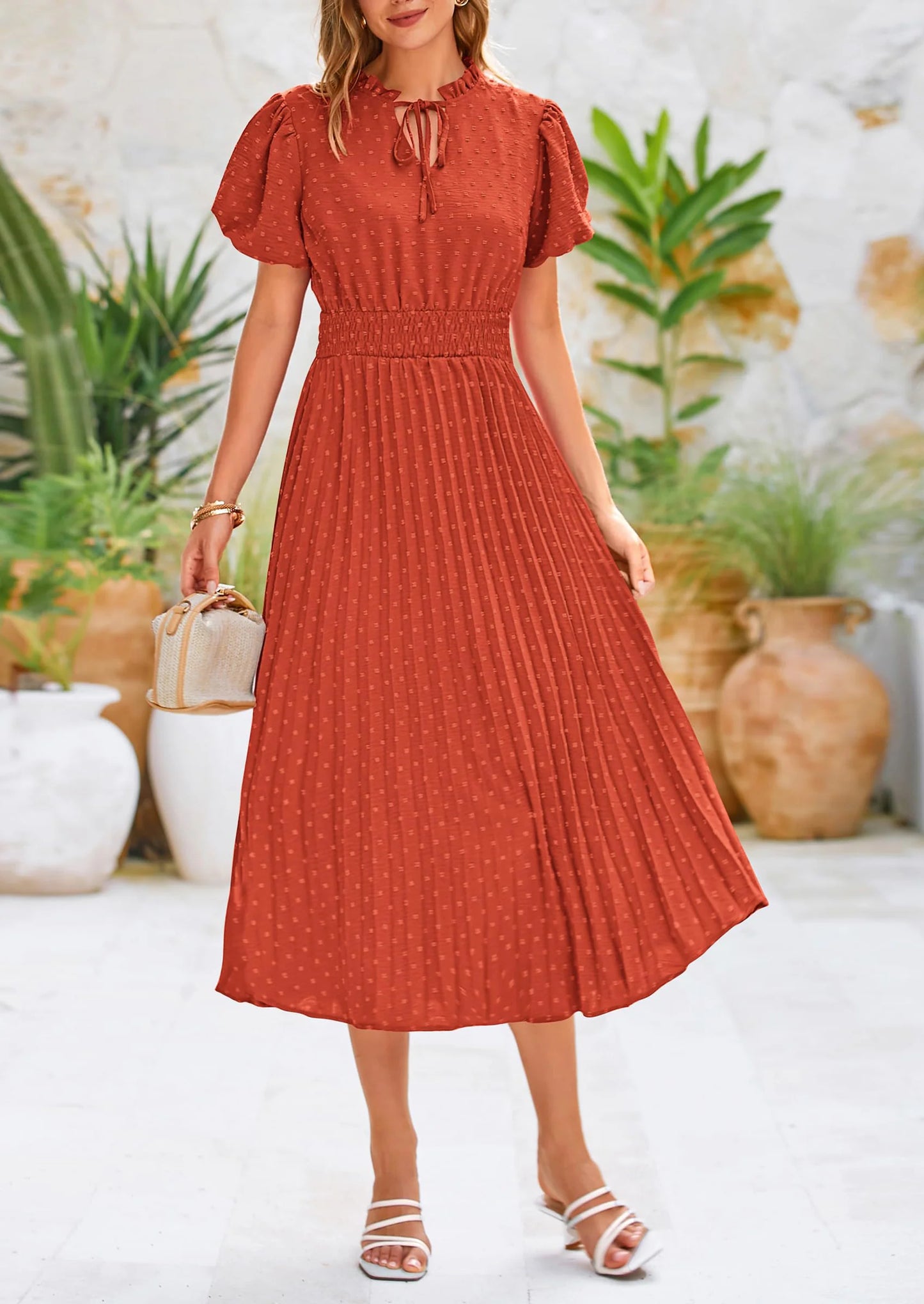 Womens Midi Dresses Puff Short Sleeve V Neck Swiss Dot Pleated A Line Flowy Long Wedding Guest Dress