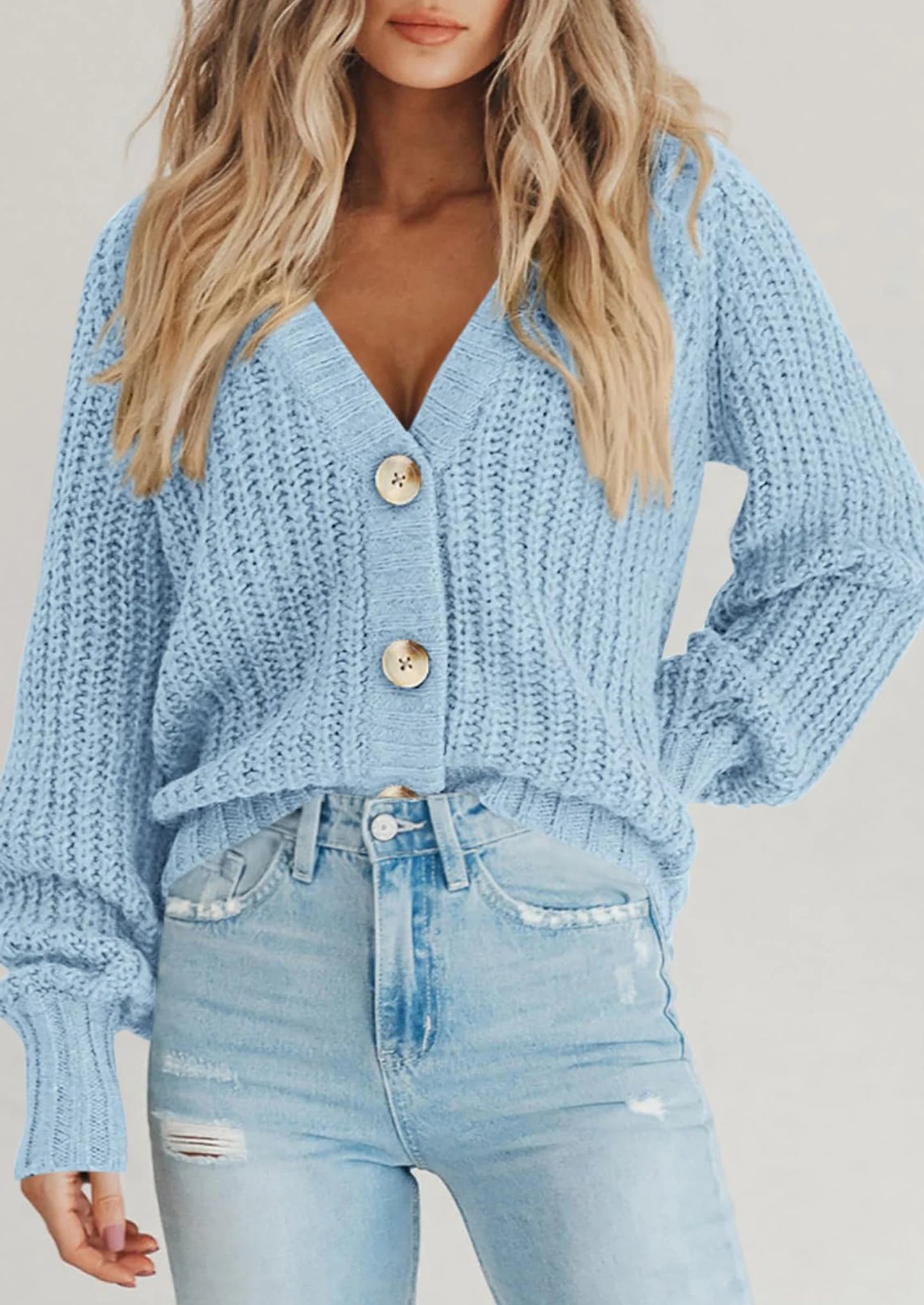 Women's Chunky Knit Open Front Sweater Long Sleeve Button Loose Short Cardigan Outerwear Coats