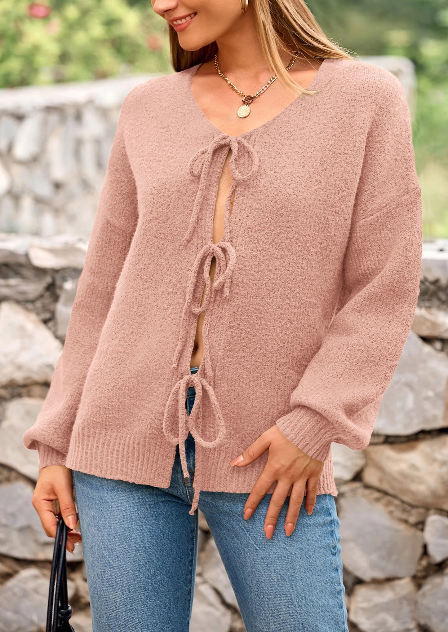 Women's Tie Front Bow Cardigan Sweaters Chunky Knit Long Puff Sleeve Trendy Fall Winter Jacket Coats